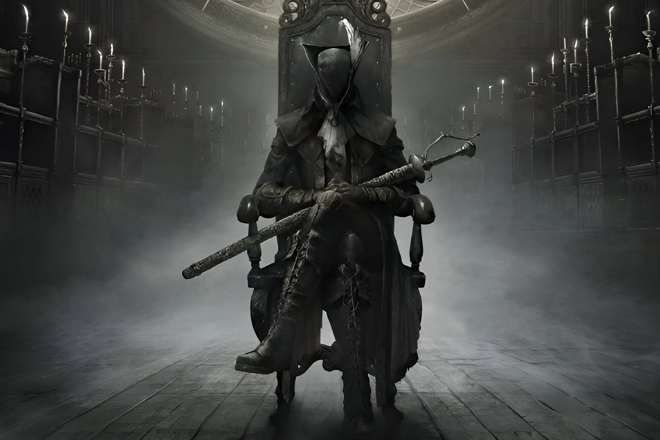 Một nhân vật bí ẩn với thanh kiếm dài trong bối cảnh mờ ảo của Bloodborne The Old Hunters