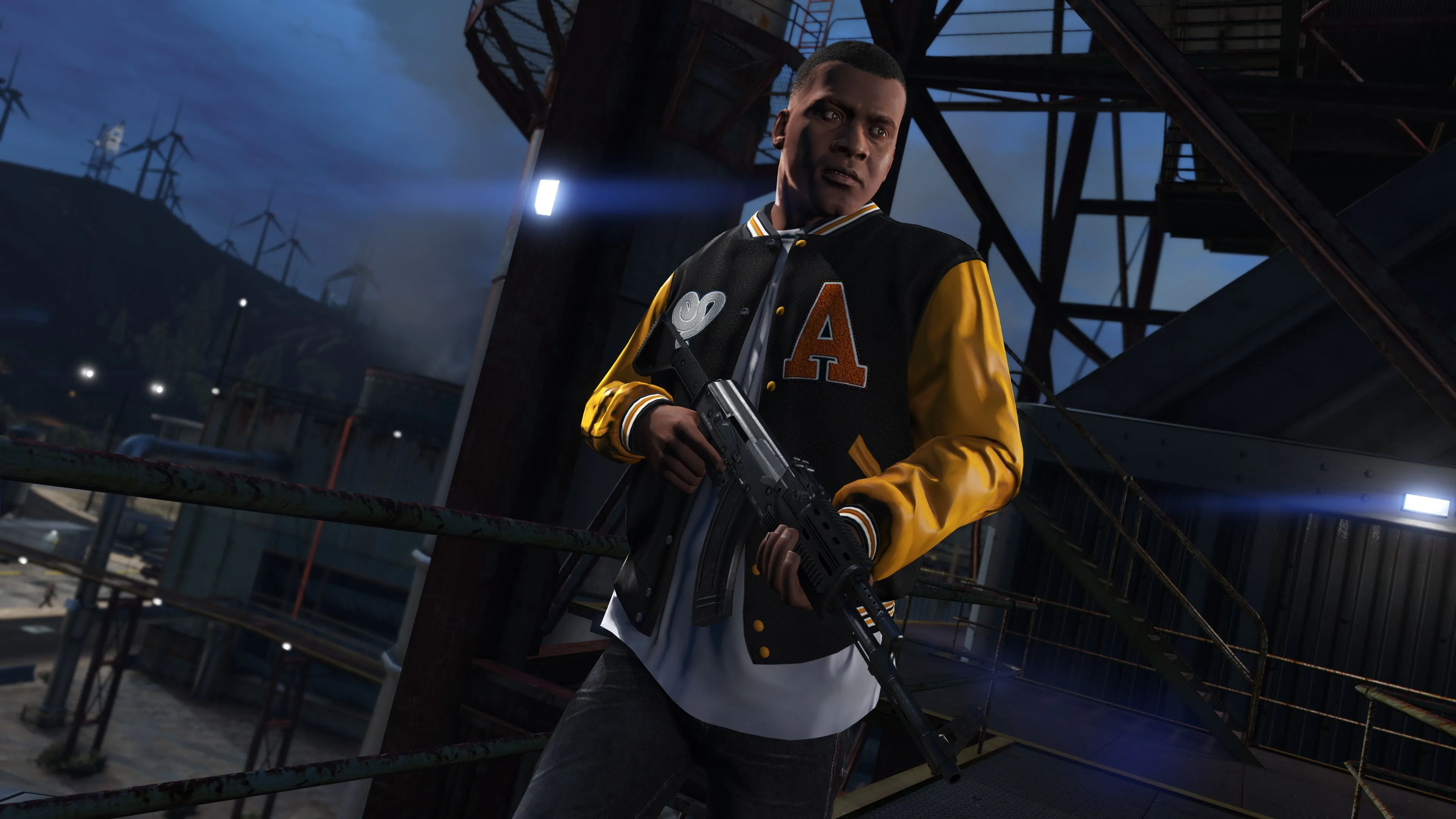 Một nhân vật đang cầm súng trong khung cảnh đêm tối, hình ảnh quen thuộc của series Grand Theft Auto