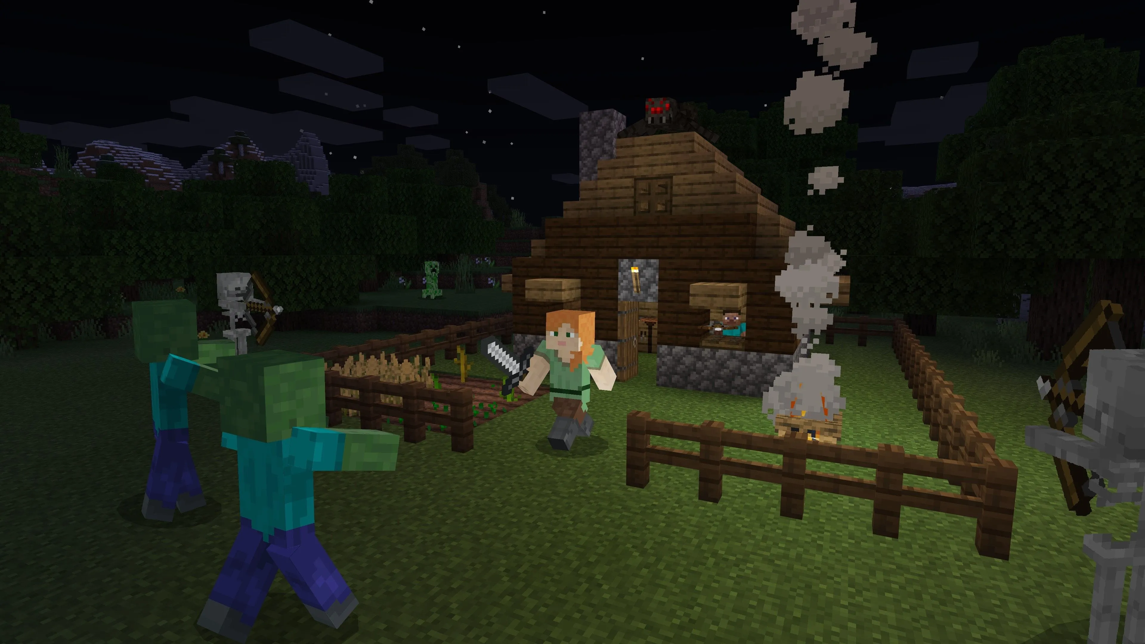 Một nhân vật đang chiến đấu với quái vật trong thế giới khối vuông của Minecraft, thể hiện gameplay sinh tồn và hành động.