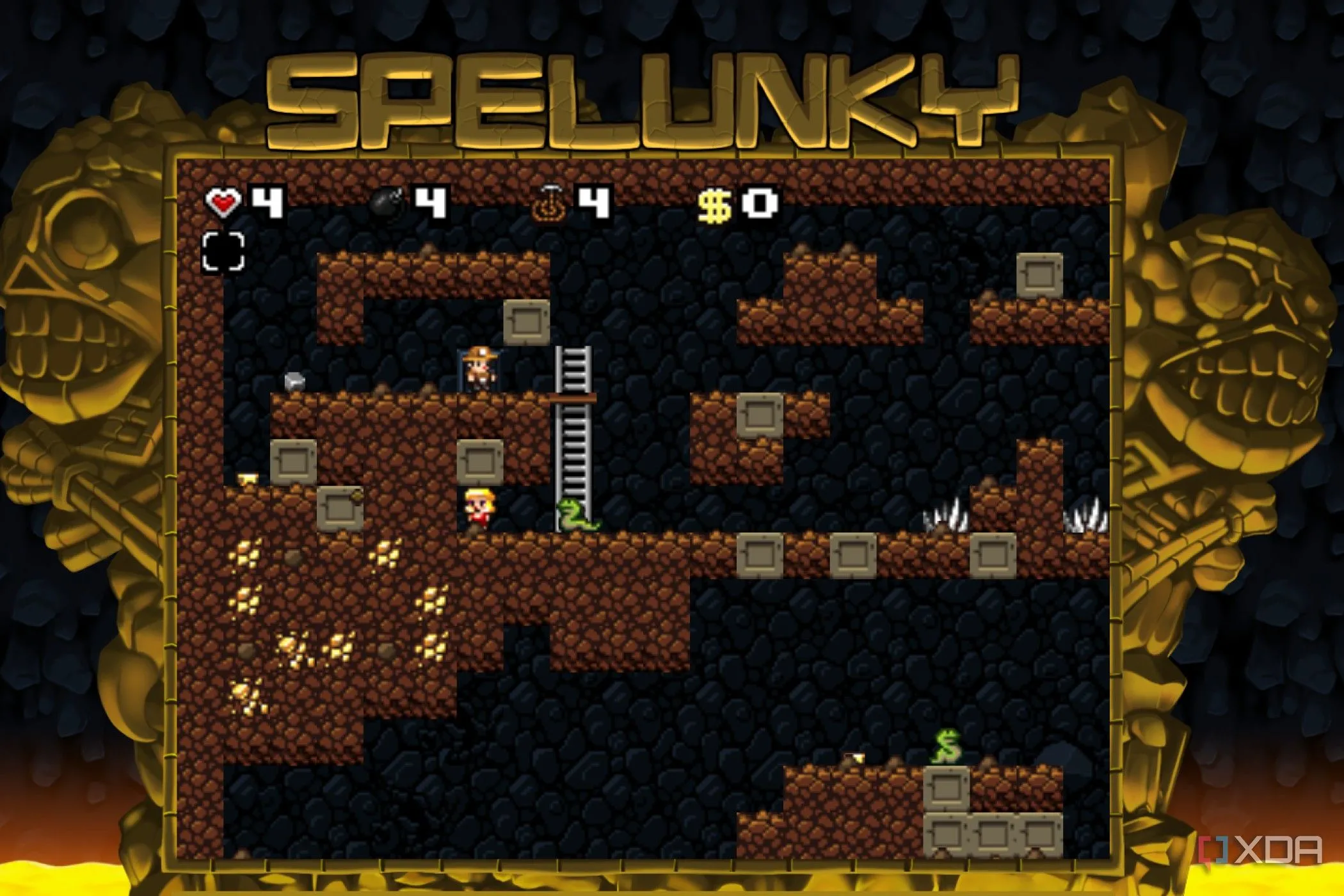 Một nhân vật đang nhảy qua các chướng ngại vật trong game platformer Spelunky