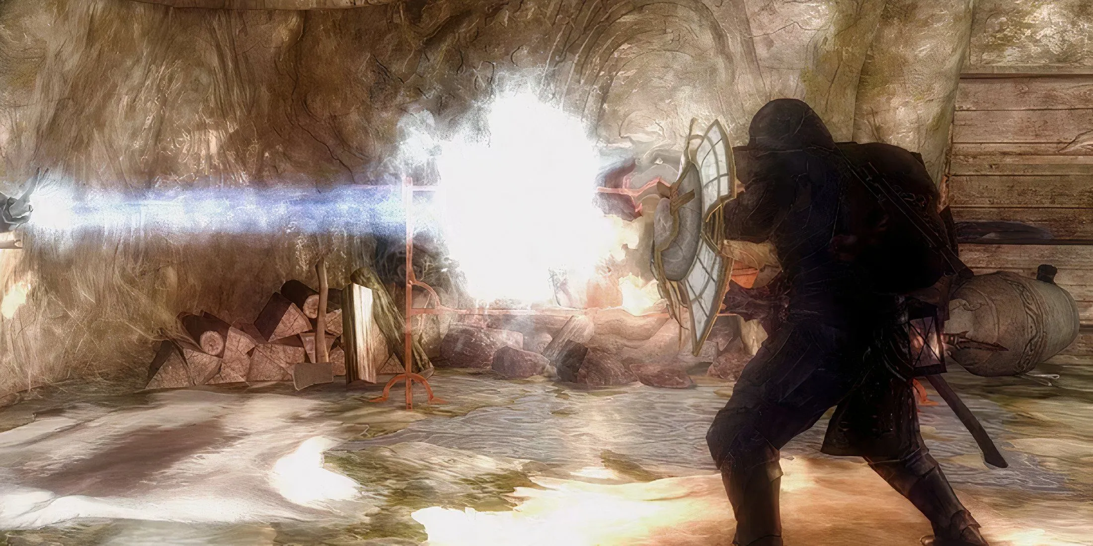 Một nhân vật đang sử dụng khiên Spellbreaker để đỡ đòn phép thuật mạnh mẽ trong Skyrim