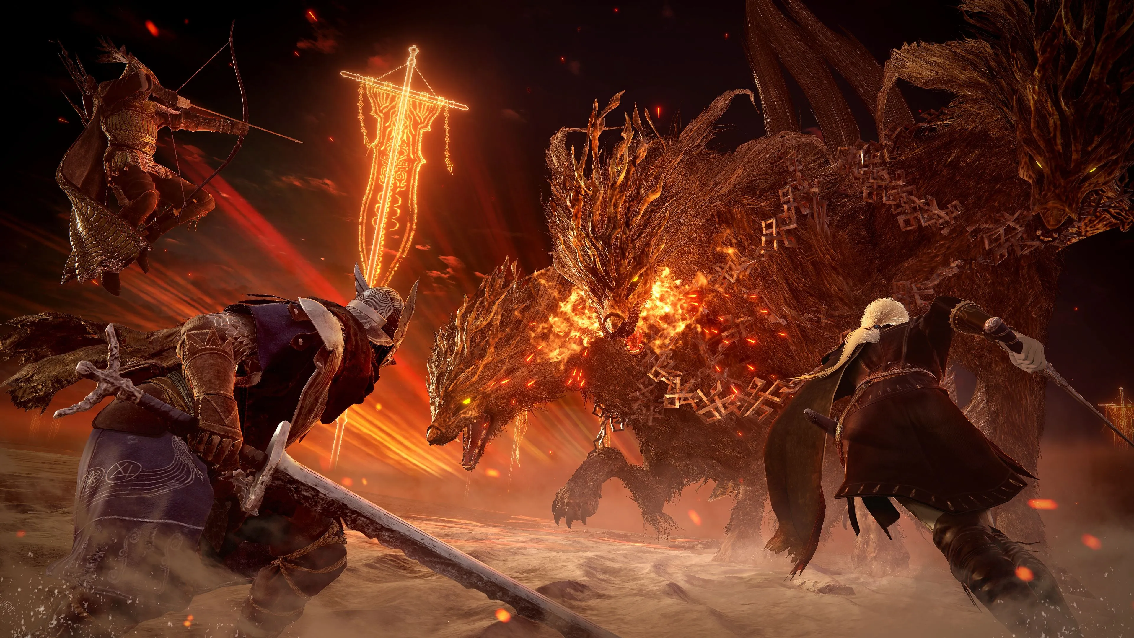 Một nhóm anh hùng hợp sức chiến đấu với quái vật trong game Elden Ring Nightreign