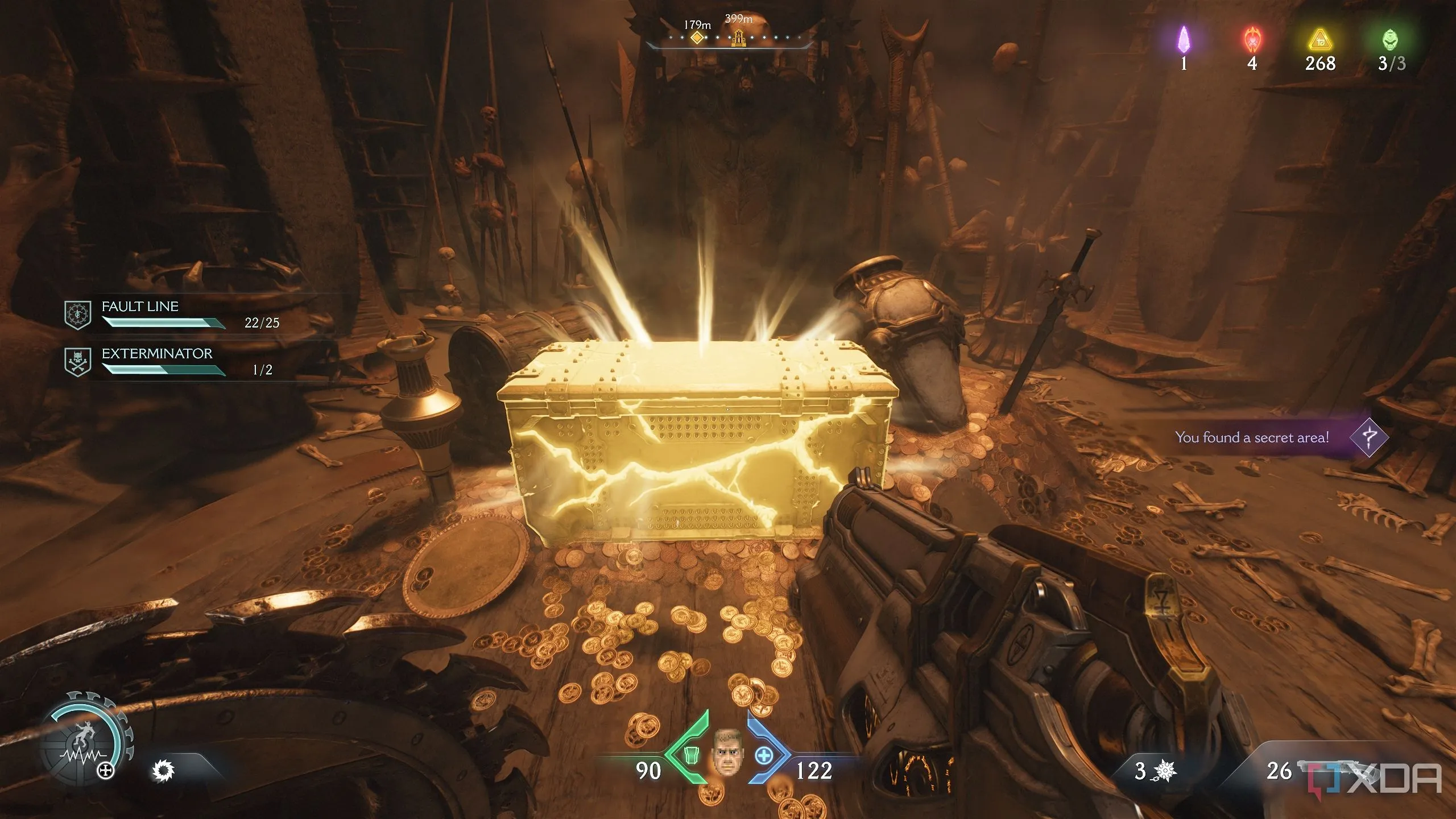 Một rương vàng (gold chest) trong khu vực bí mật, chứa phần thưởng hấp dẫn trong Doom: The Dark Ages.