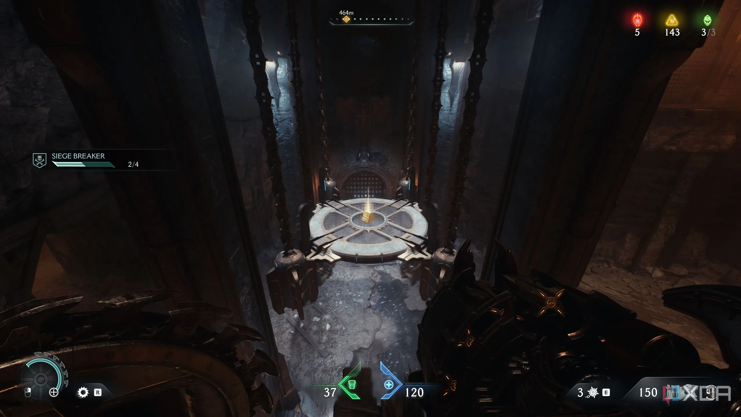 Nền tảng kim loại để Doom Slayer đứng lên, kích hoạt cơ chế trong khu vực bí mật 5 Doom The Dark Ages