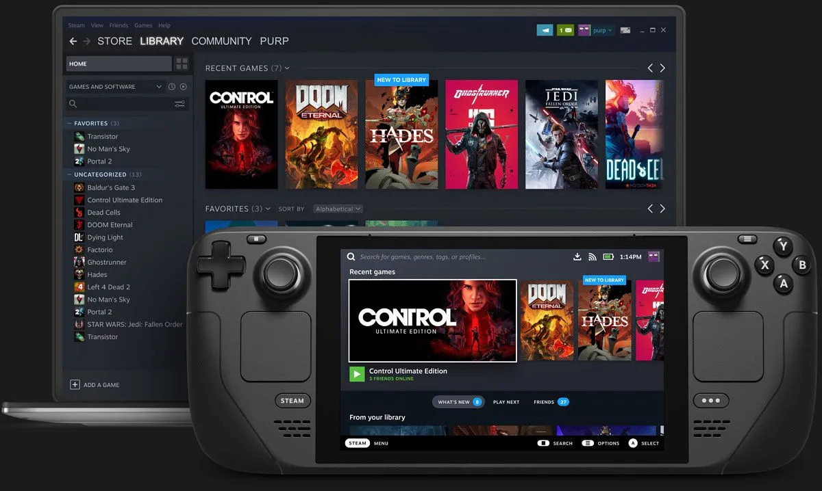 Nền tảng Steam trên laptop và SteamOS trên Steam Deck, minh họa khả năng di động và tiện lợi của PC gaming