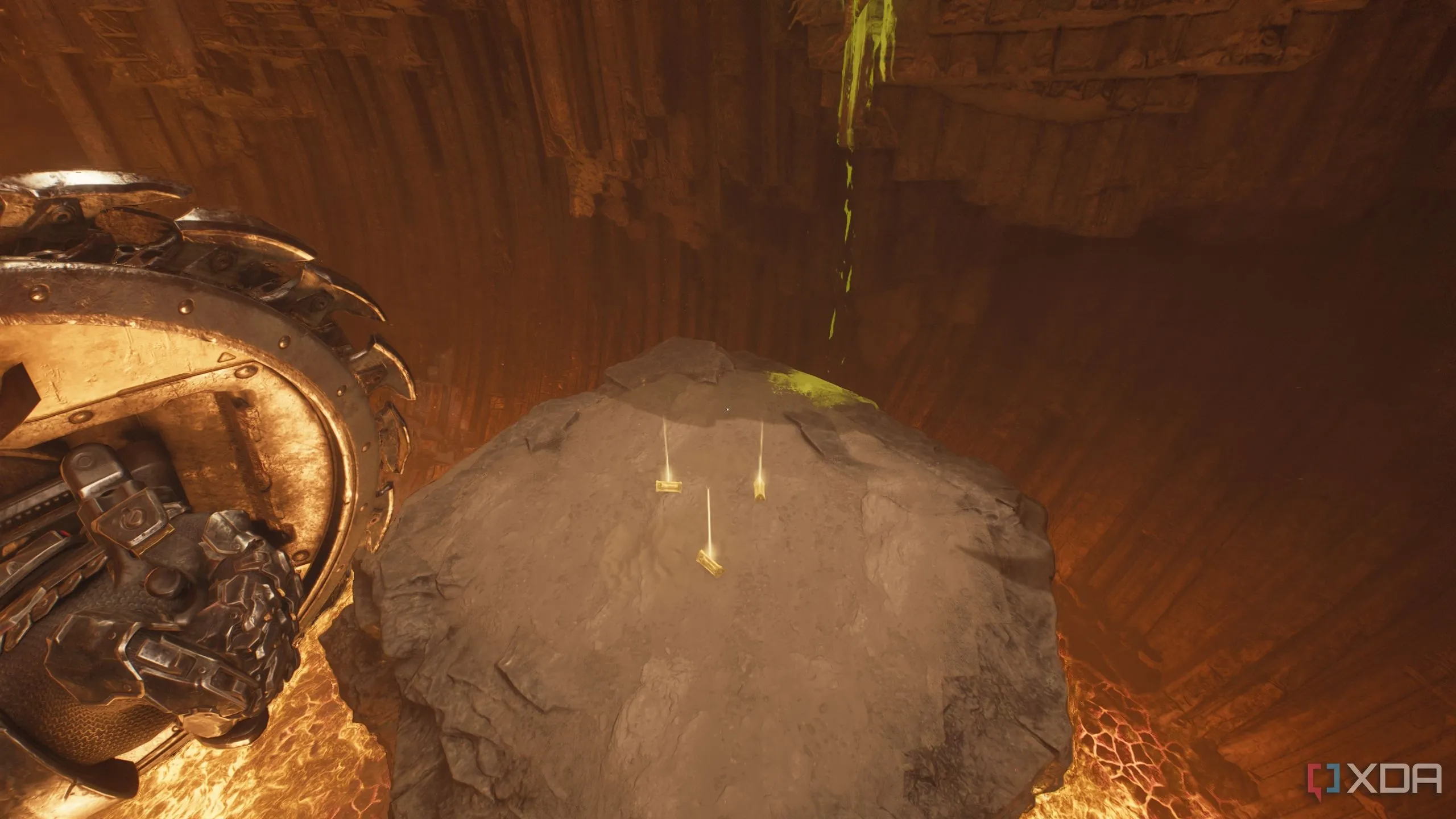 Nền tảng với ba thỏi vàng sáng bóng trong Chapter 10 của Doom: The Dark Ages, gần nút thịt.