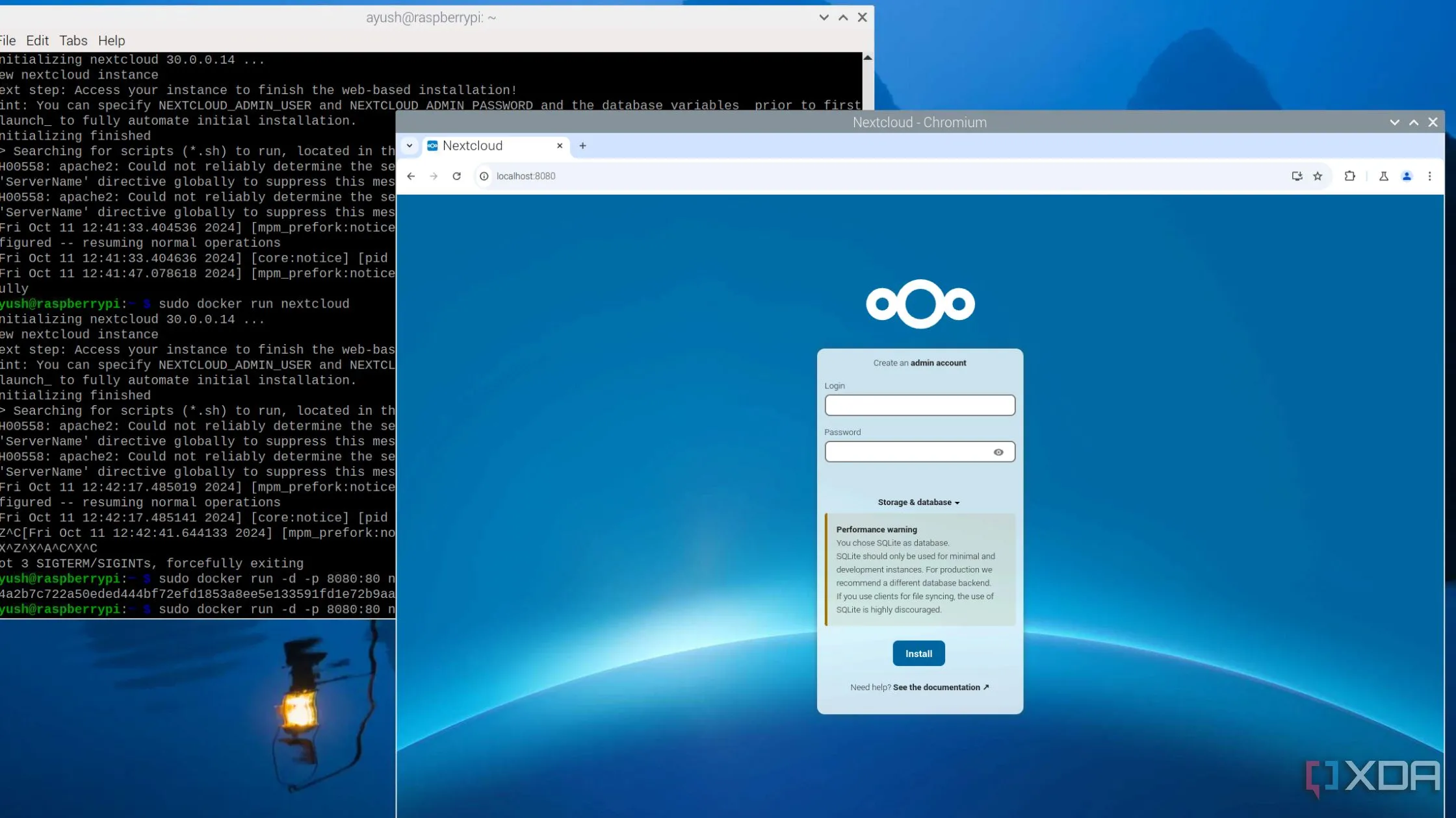 Nextcloud container đang chạy trên thiết bị Raspberry Pi sử dụng Docker