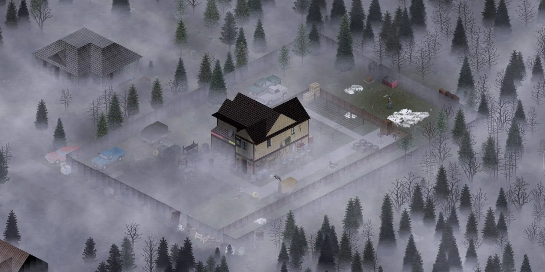 Ngôi nhà kiên cố trong rừng đầy sương mù với góc nhìn isometric trong Project Zomboid