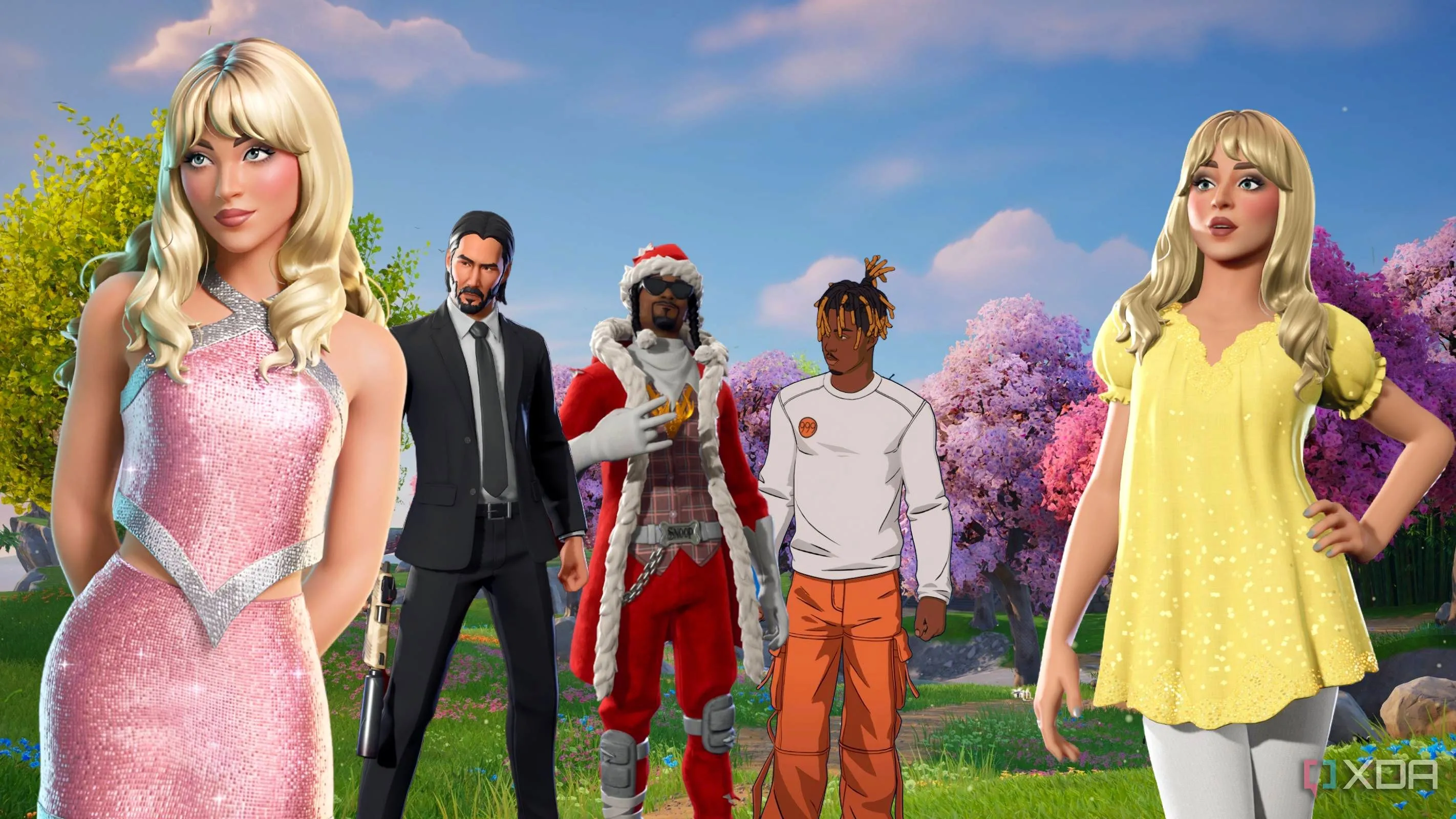 Người chơi Fortnite với các skin nhân vật nổi tiếng như Sabrina Carpenter, Keanu Reeves, Snoop Dogg và Juice Wrld
