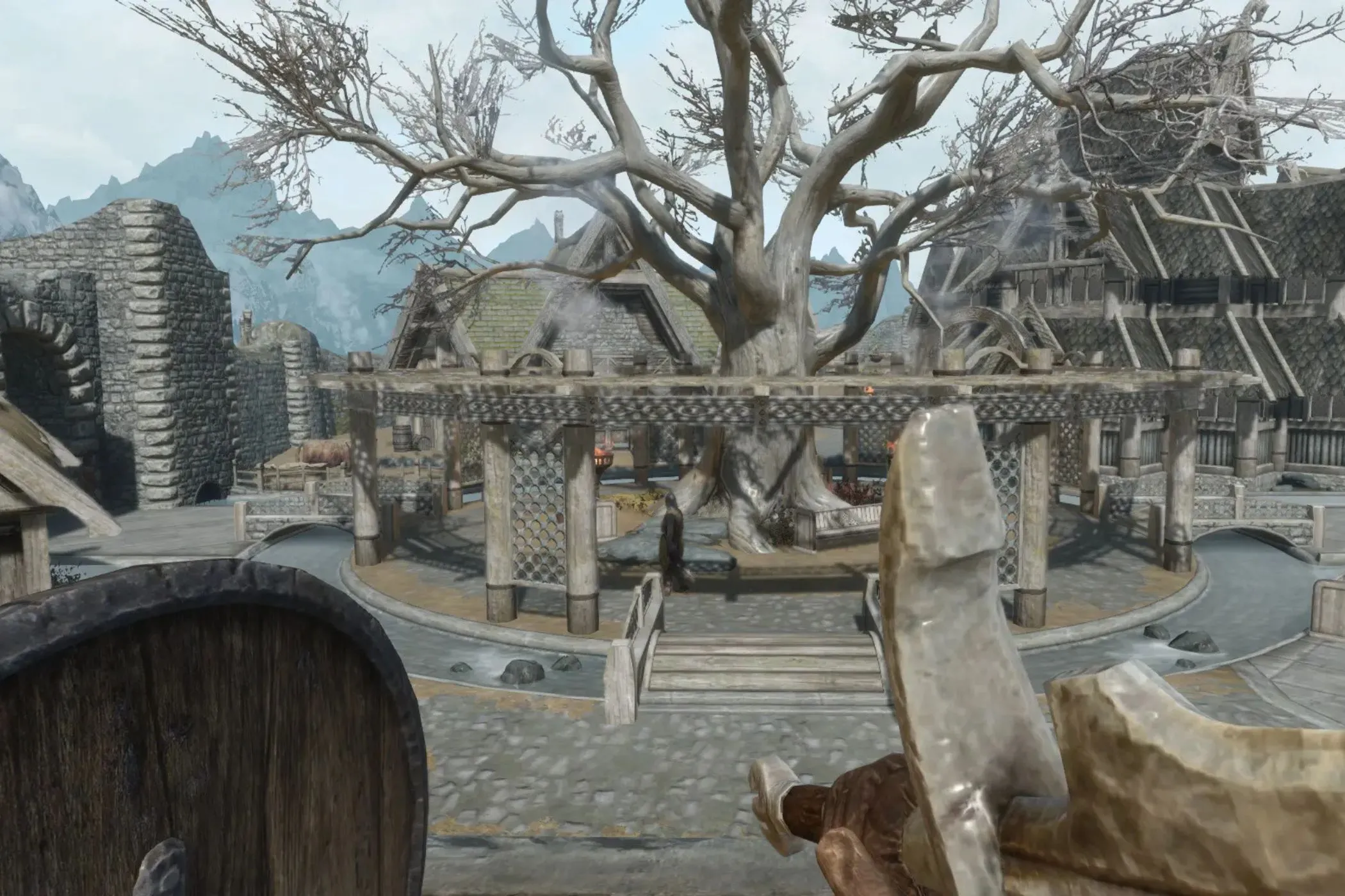 Người chơi Skyrim với kiếm và khiên đang chiến đấu trong thị trấn, thể hiện cơ chế chiến đấu được cải tiến của mod Combat Gameplay Overhaul SE