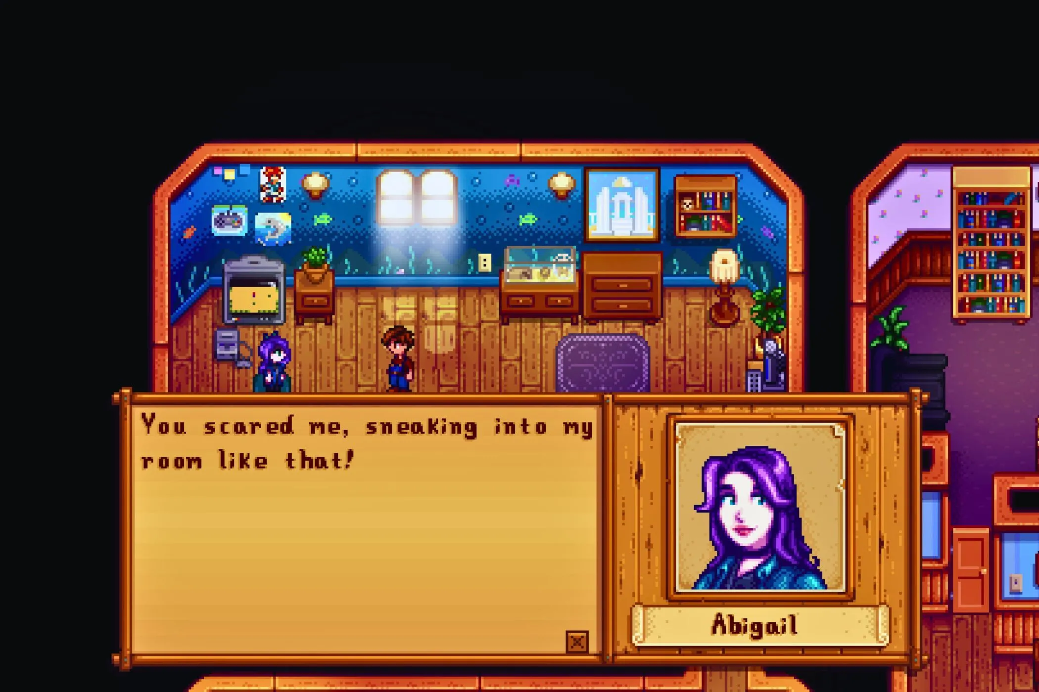 Người chơi Stardew Valley trò chuyện với Abigail trong nhà, thể hiện sự tương tác nhân vật sâu sắc và không cần microtransaction để mở khóa.
