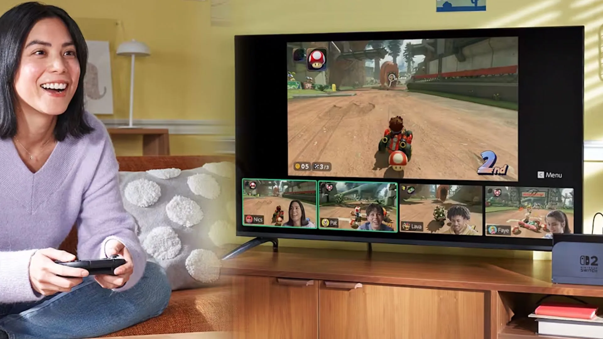 Người chơi trải nghiệm Mario Kart trên Nintendo Switch 2, minh họa các vấn đề tương thích game khi chơi.