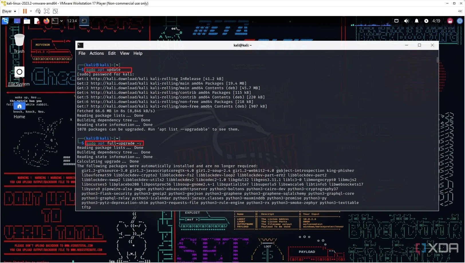 Người dùng đang cập nhật hệ điều hành Kali Linux trong máy ảo VMware qua Terminal, biểu tượng quen thuộc của quản trị server Linux.