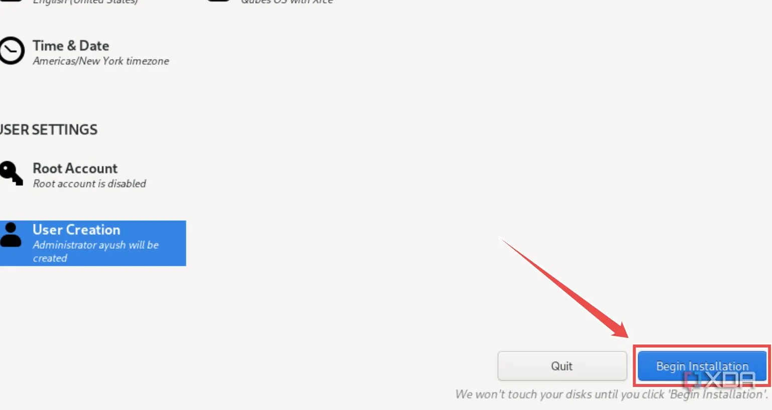Nhấn nút Bắt đầu Cài đặt để tiếp tục thiết lập Qubes OS