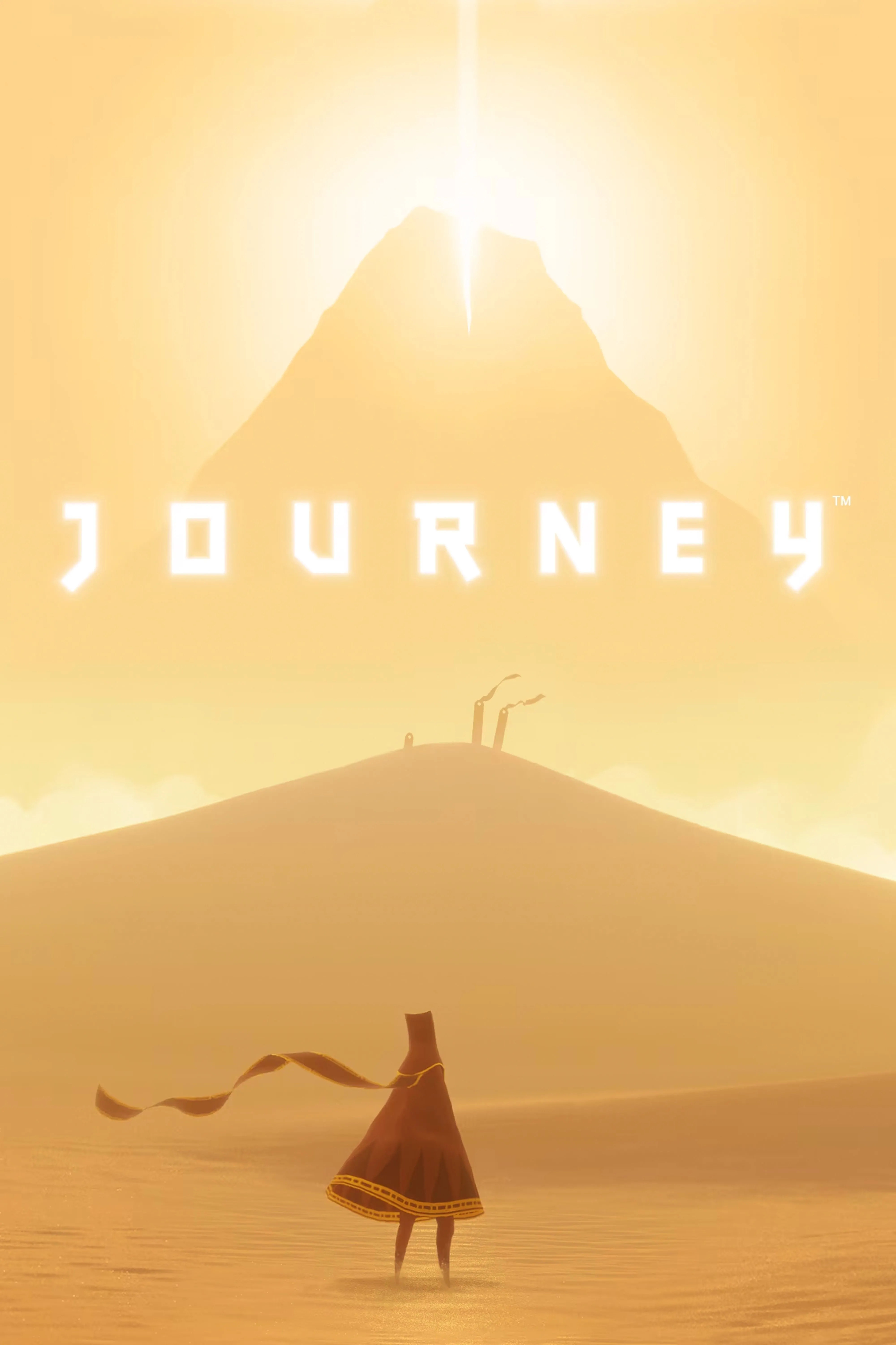 Nhân vật chính trong Journey, một sinh vật bí ẩn, đang du hành qua một sa mạc rộng lớn với những ngọn núi hùng vĩ.