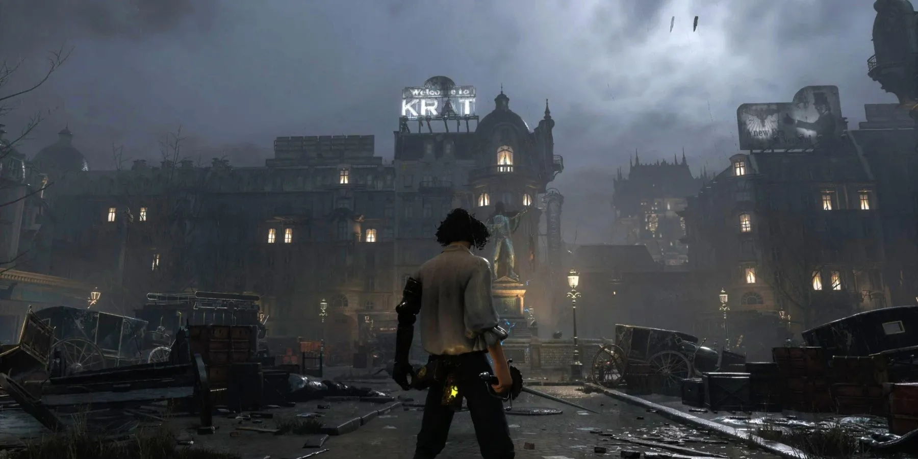 Nhân vật chính trong Lies of P, một game indie xuất sắc, đứng giữa sân hoang tàn.