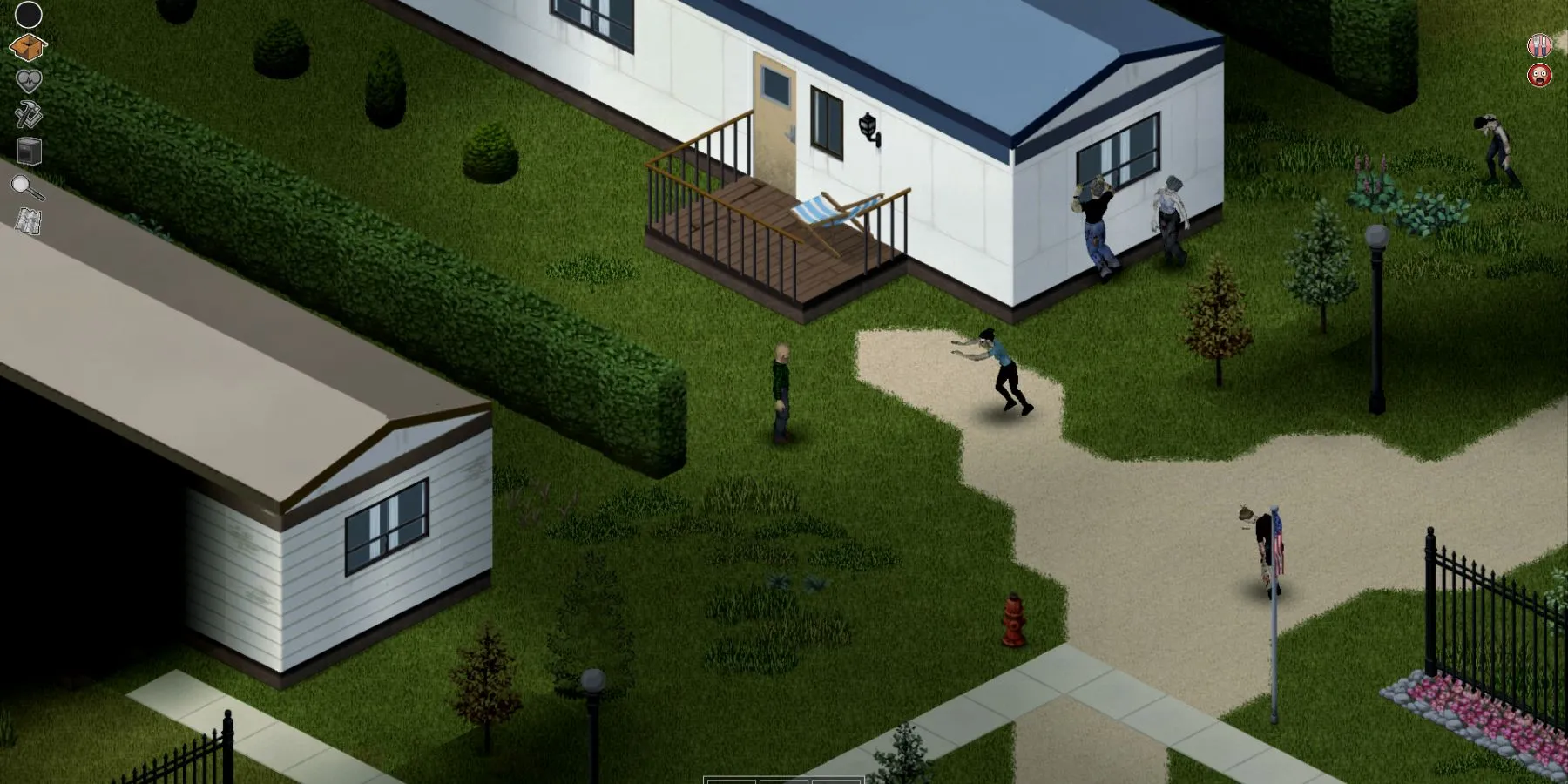 Nhân vật đang khám phá khu công viên xe kéo trong Project Zomboid với zombie đang tiếp cận