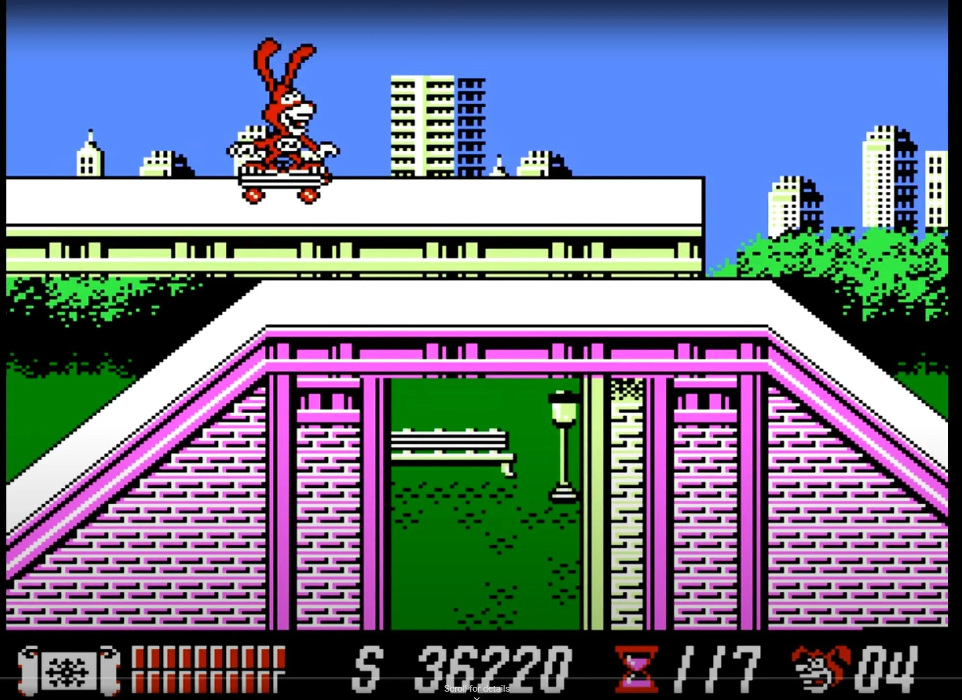 Nhân vật Noid cưỡi ván trượt trong gameplay của Yo! Noid, một tựa game platformer kỳ lạ trên NES