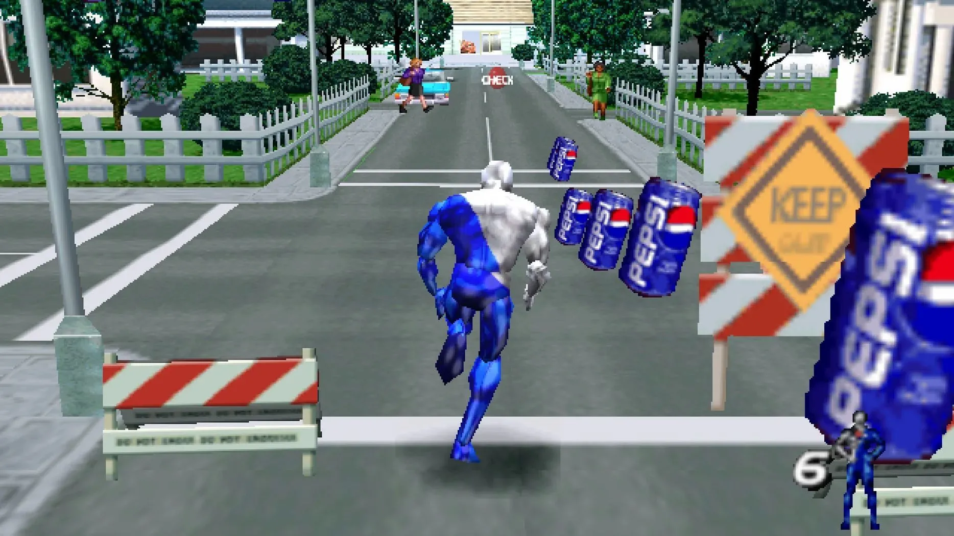 Nhân vật Pepsiman đang chạy và thu thập lon Pepsi trên đường phố