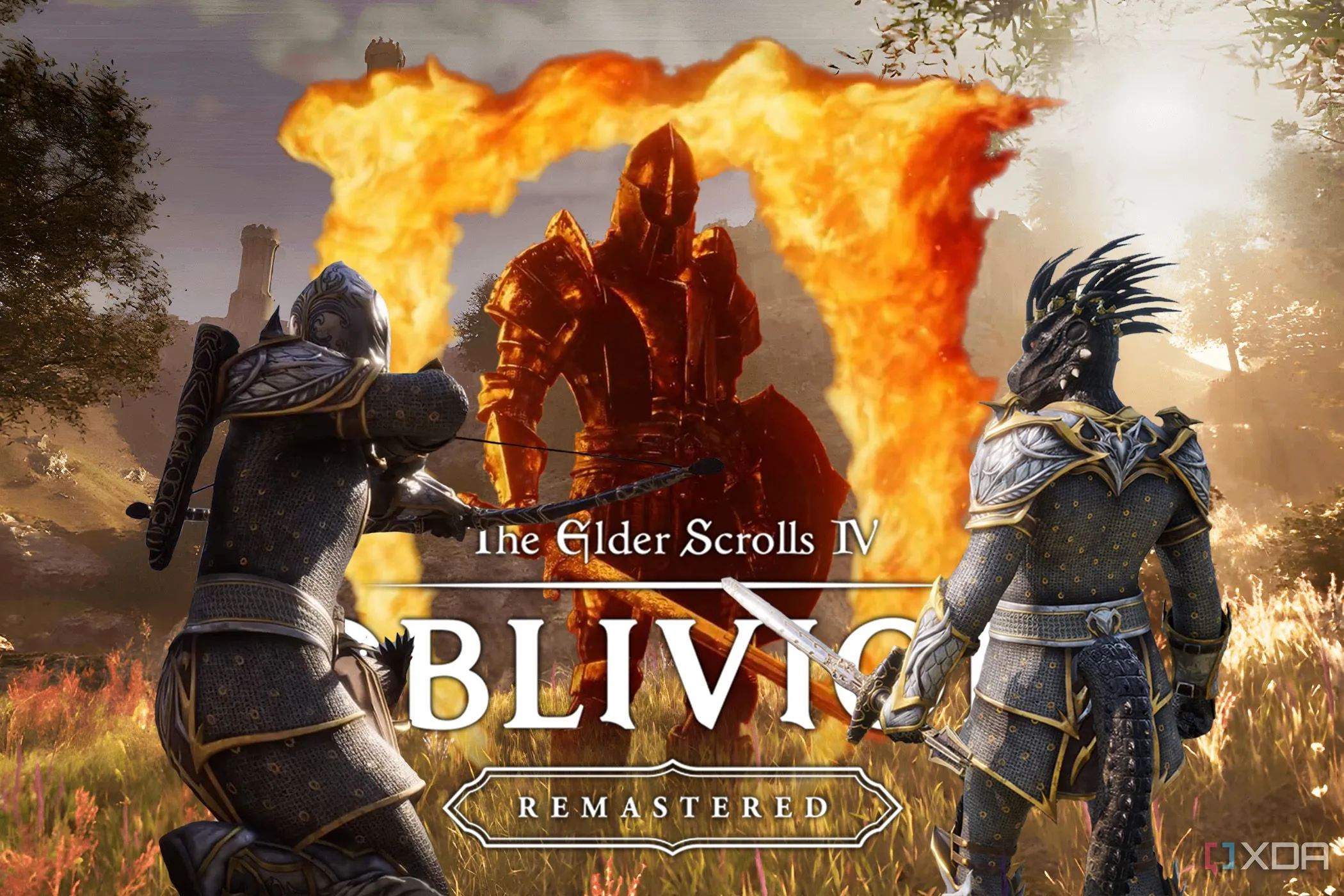 Nhân vật trong Oblivion đứng trước logo Oblivion Remastered