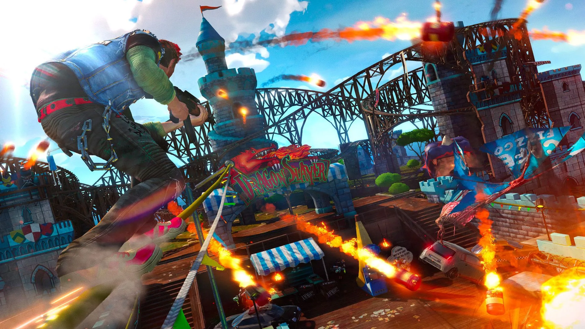 Nhân vật trong Sunset Overdrive đang lướt ván trên đường ray, thể hiện lối chơi di chuyển linh hoạt.
