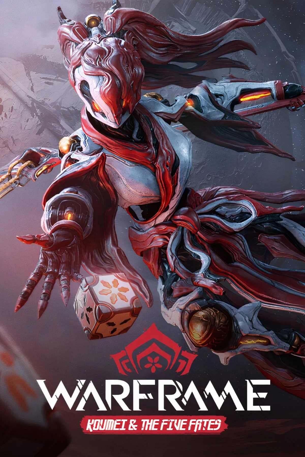 Nhân vật Warframe trong bộ giáp bio-mech chiến đấu trong môi trường khoa học viễn tưởng, thể hiện hành động tốc độ