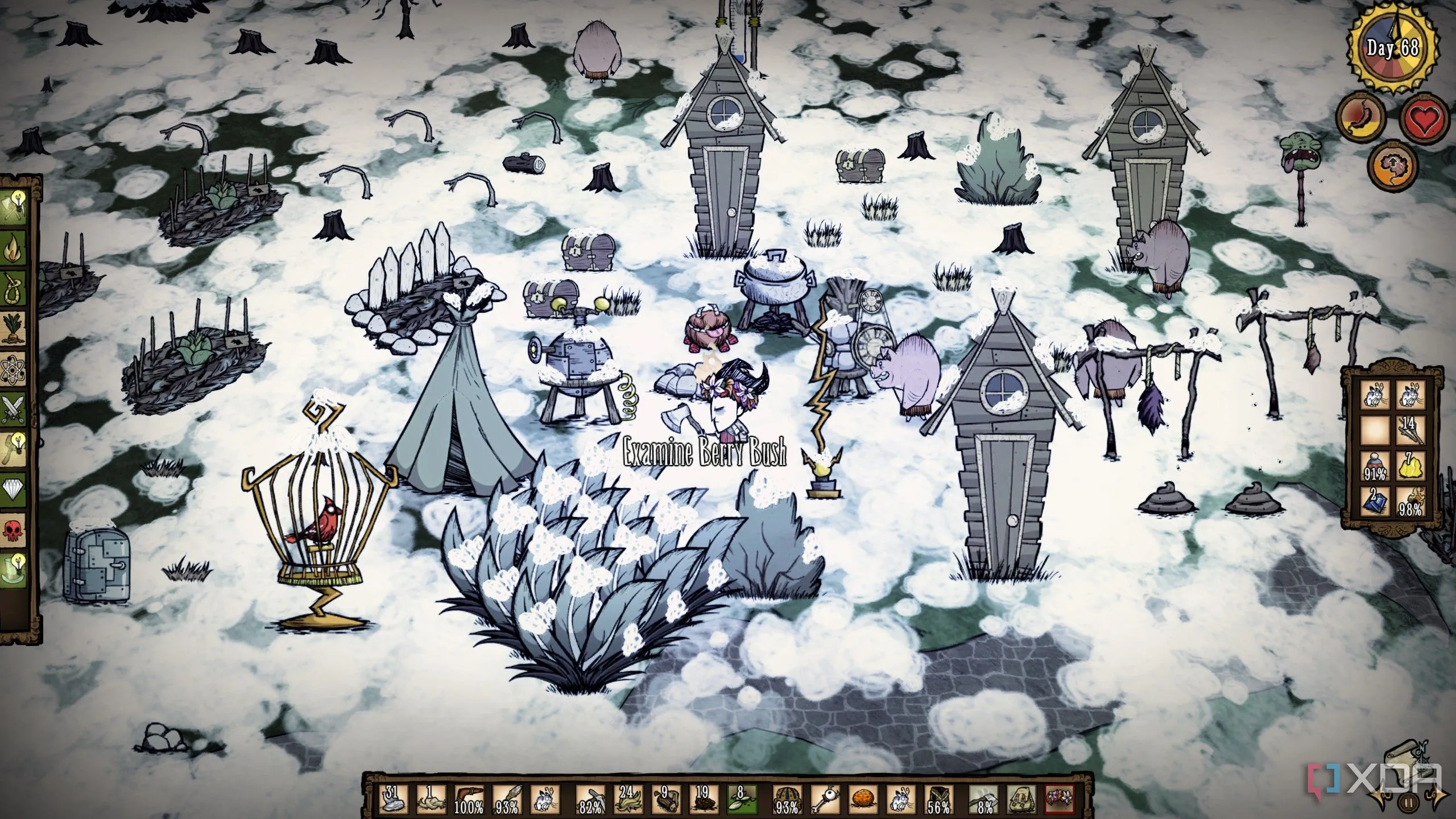 Nhân vật Wilson trong Don't Starve đang đứng giữa một khu rừng đầy cây cối và vật thể, thể hiện phong cách đồ họa độc đáo của game.