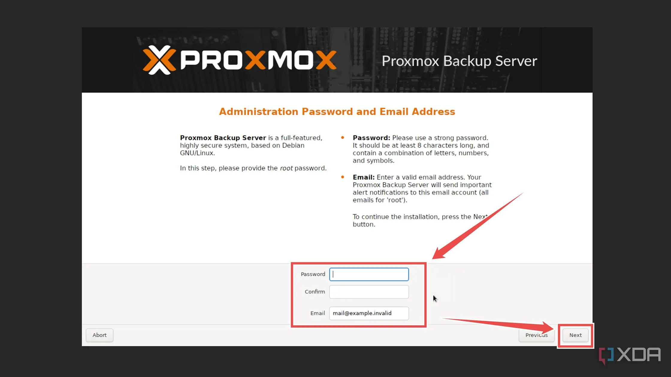 Nhập mật khẩu quản trị và địa chỉ email cho hệ thống Proxmox Backup Server.