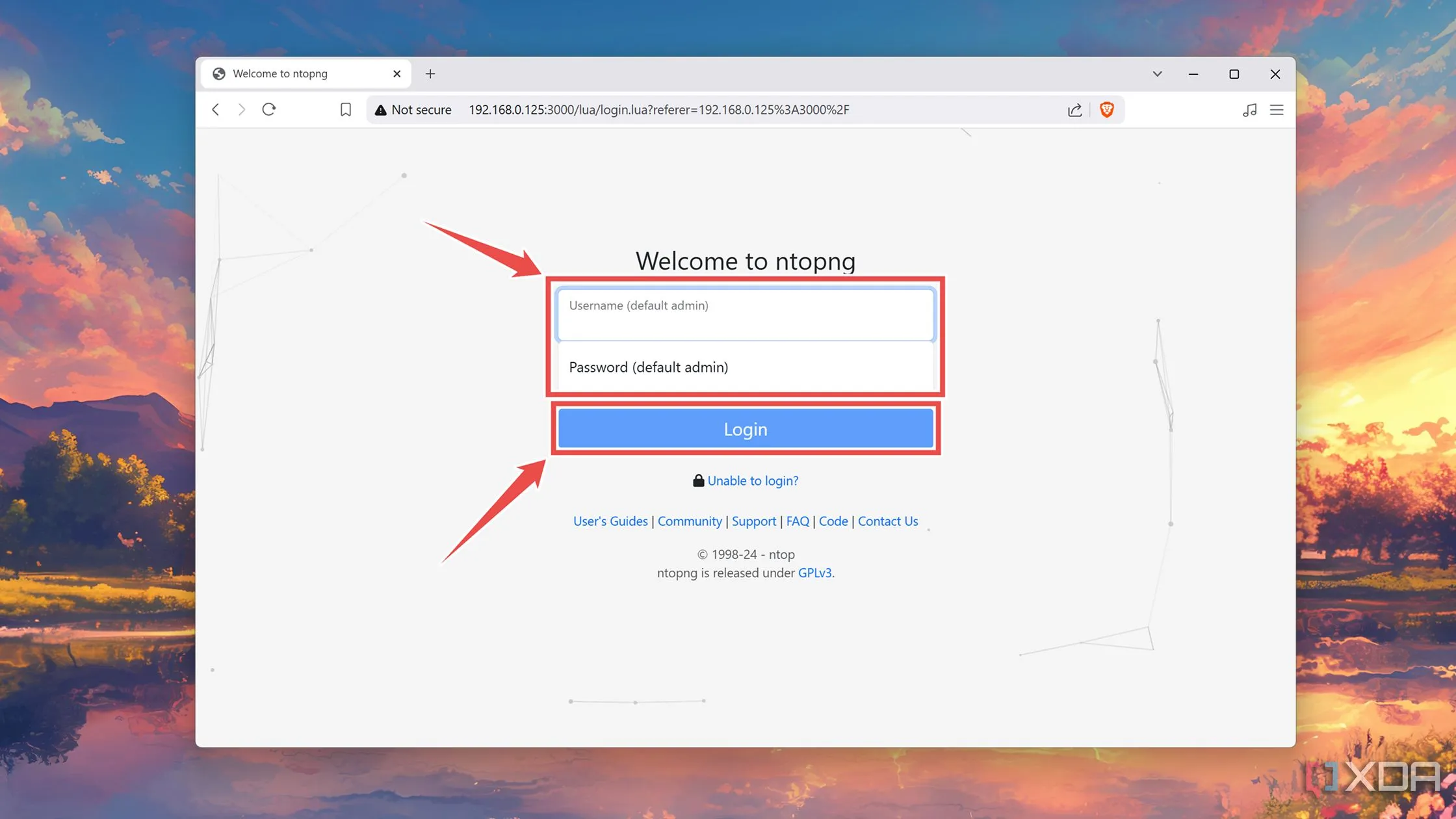 Nhập tên người dùng và mật khẩu mặc định (admin) vào giao diện web ntopng để đăng nhập