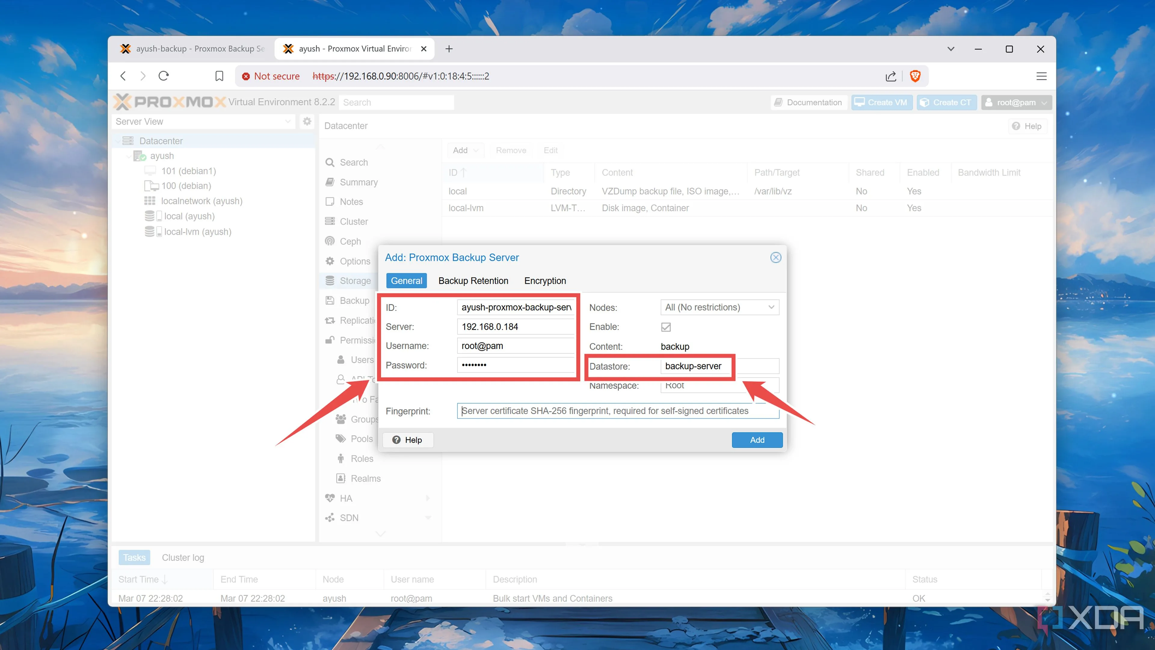 Nhập thông tin chi tiết về máy chủ Proxmox Backup Server (ID, IP, User, Password, Datastore).