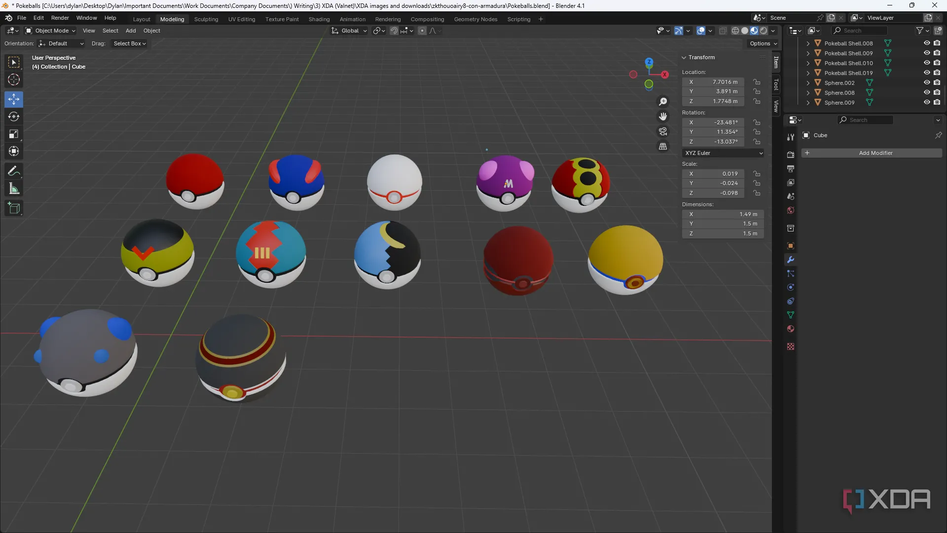 Nhiều mô hình 3D biến thể của pokeball trong Blender
