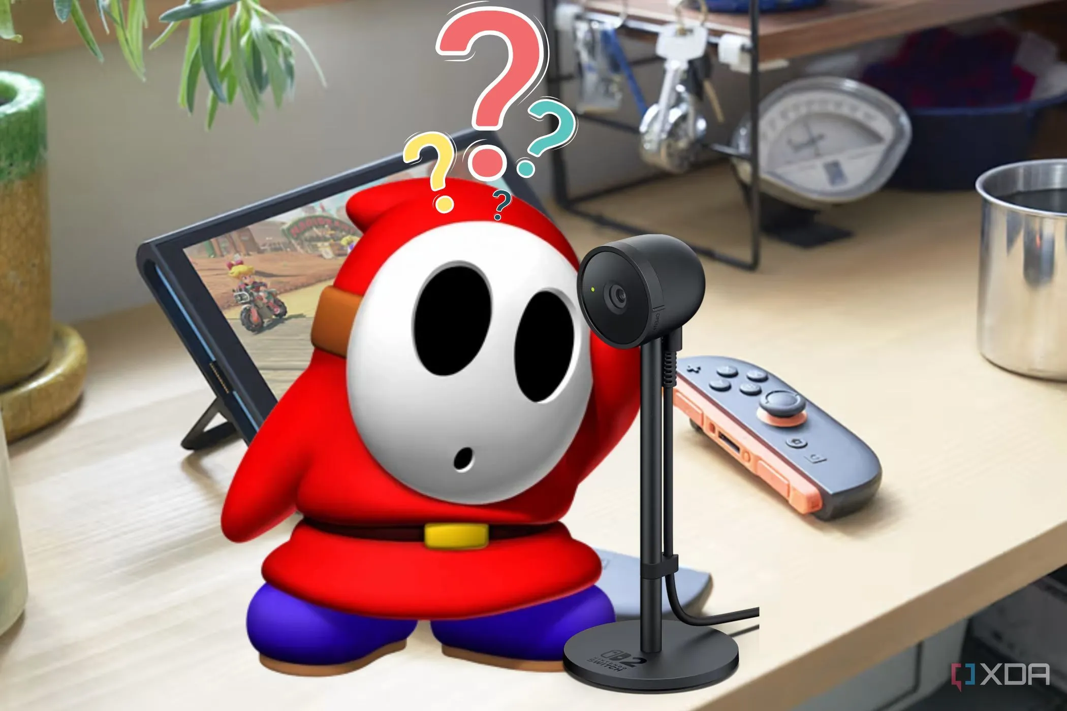Nintendo Switch 2 với camera và nhân vật Shy Guy đang bối rối