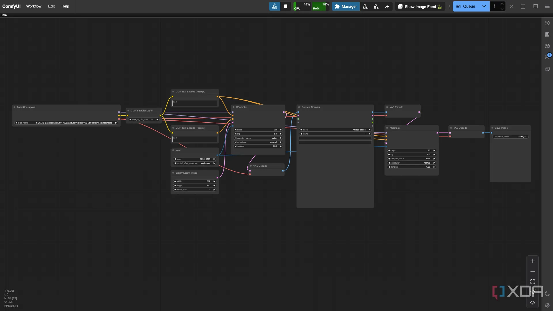 Node Preview Chooser được tích hợp vào một workflow ComfyUI cơ bản, cho phép xem trước hình ảnh và tạm dừng quá trình tạo sinh