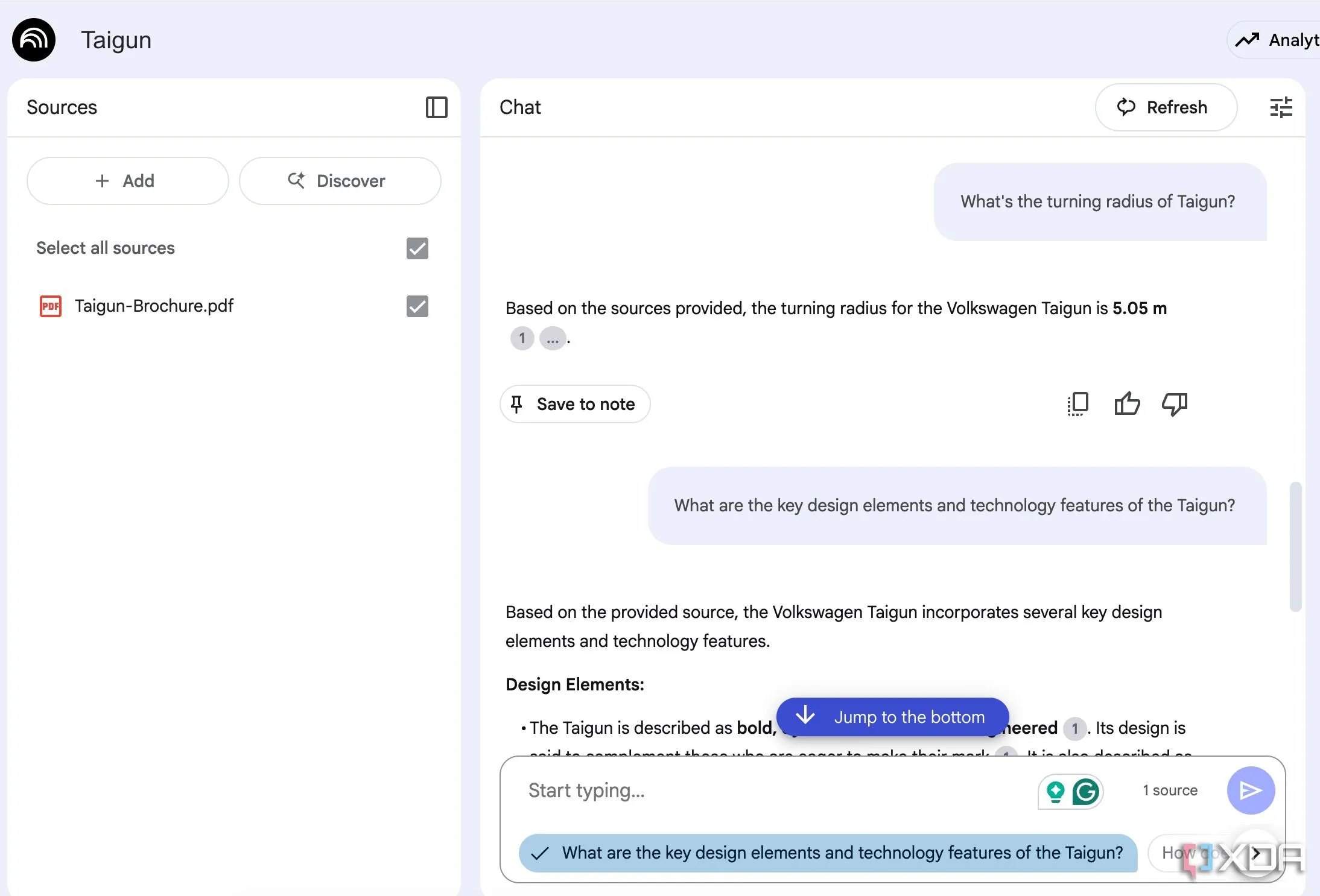 NotebookLM hiển thị nội dung tài liệu PDF và cửa sổ chat AI để tương tác, giúp tìm kiếm thông tin hiệu quả