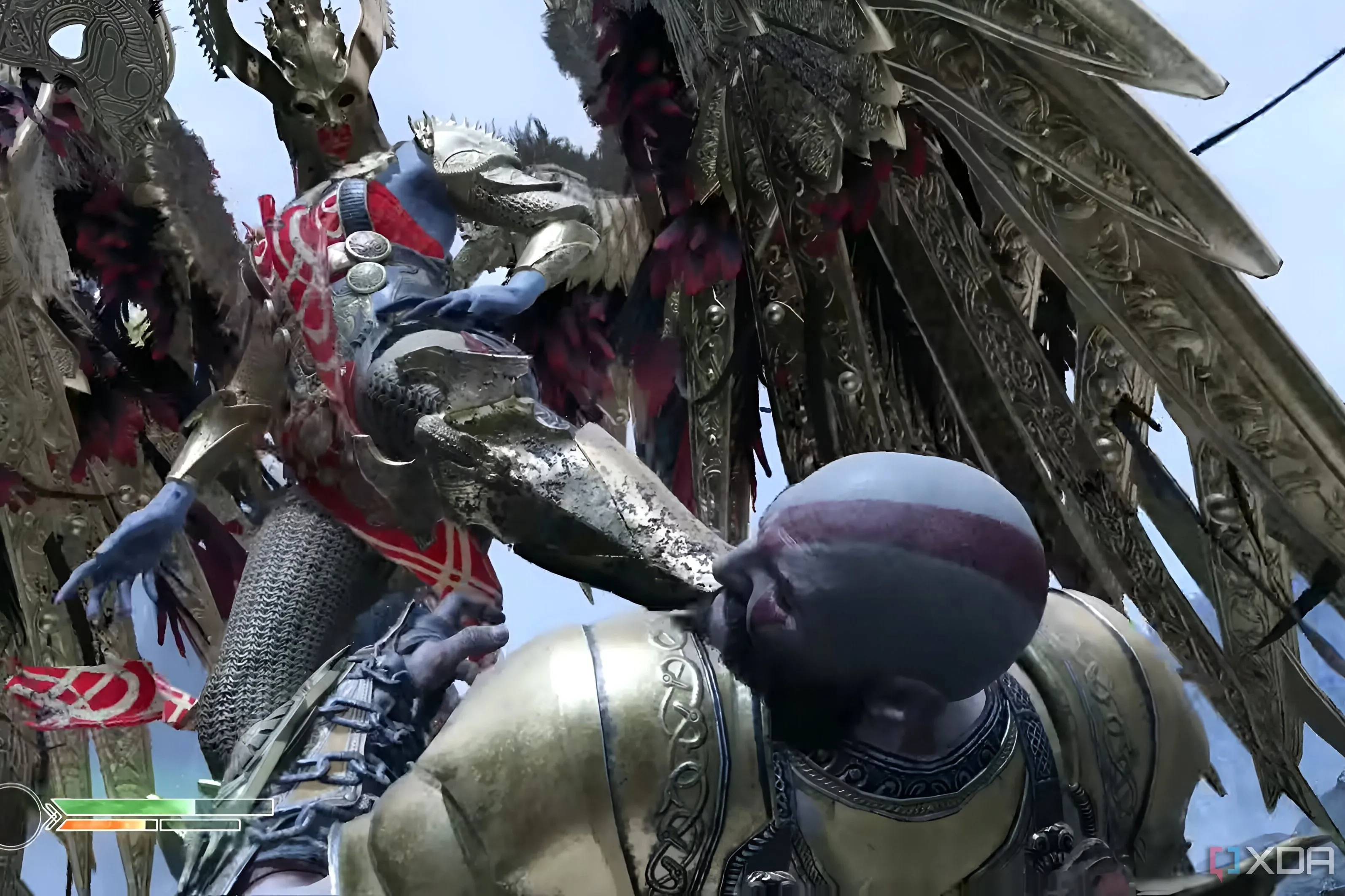 Nữ hoàng Valkyrie Sigrun đặt chân lên mặt Kratos, biểu tượng cho thử thách cực đại trong God of War