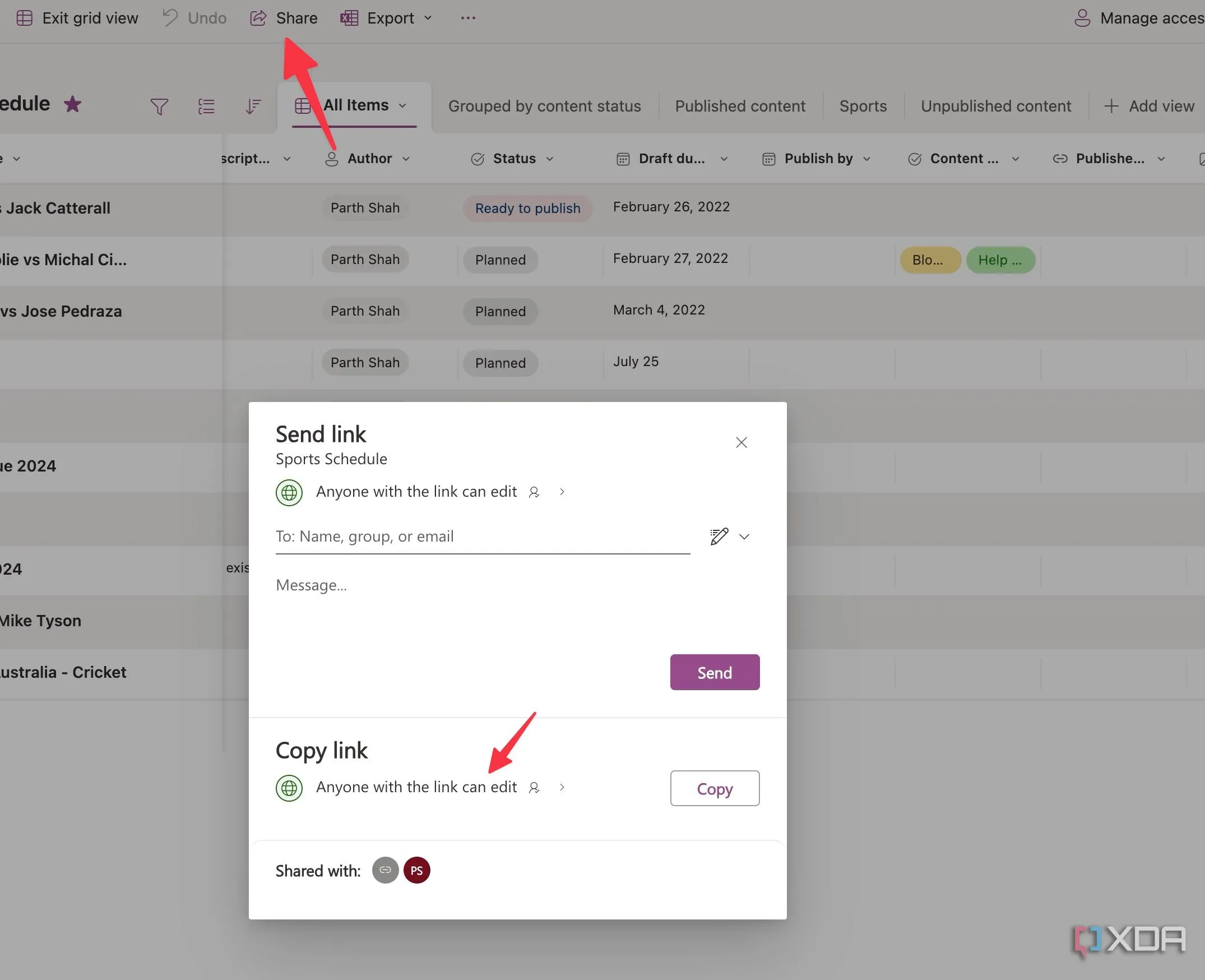 Nút chia sẻ danh sách Microsoft Lists với đồng nghiệp và khách hàng