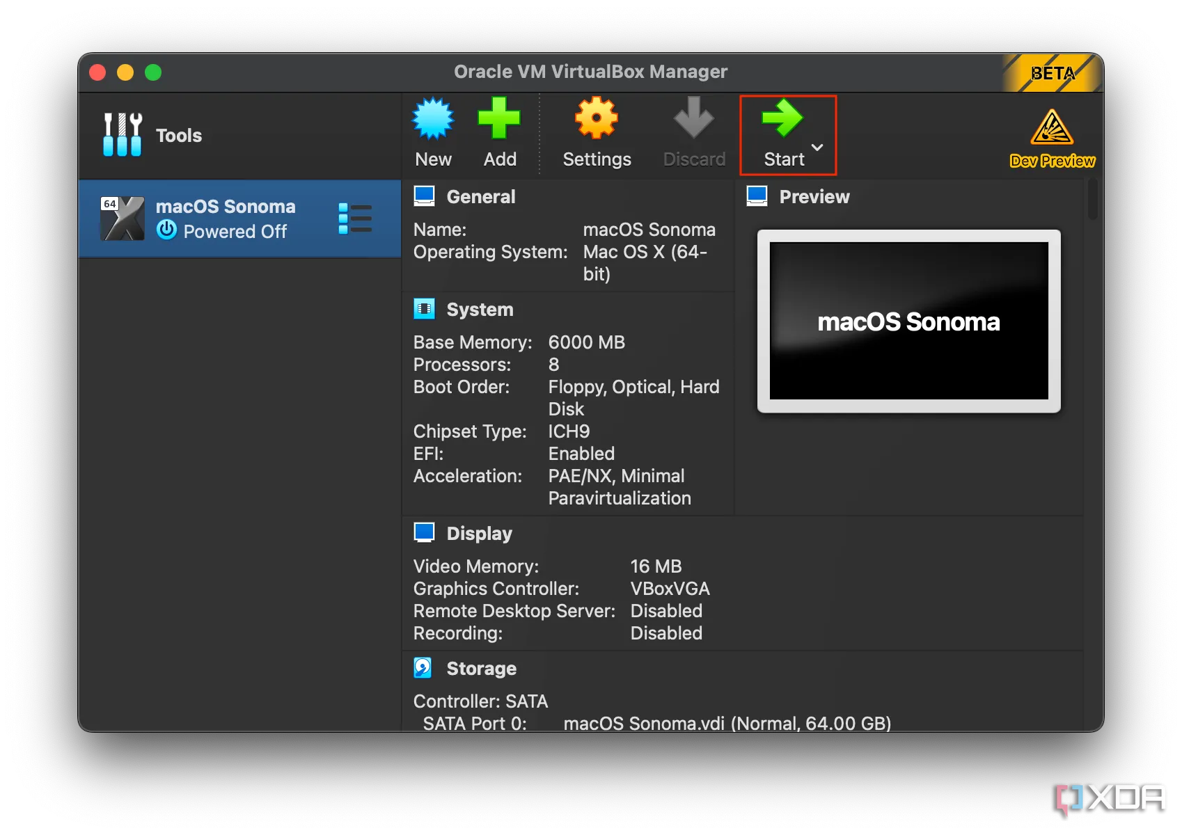 Nút khởi động để chạy máy ảo macOS trong VirtualBox trên một hệ điều hành Windows, minh họa việc sử dụng máy ảo
