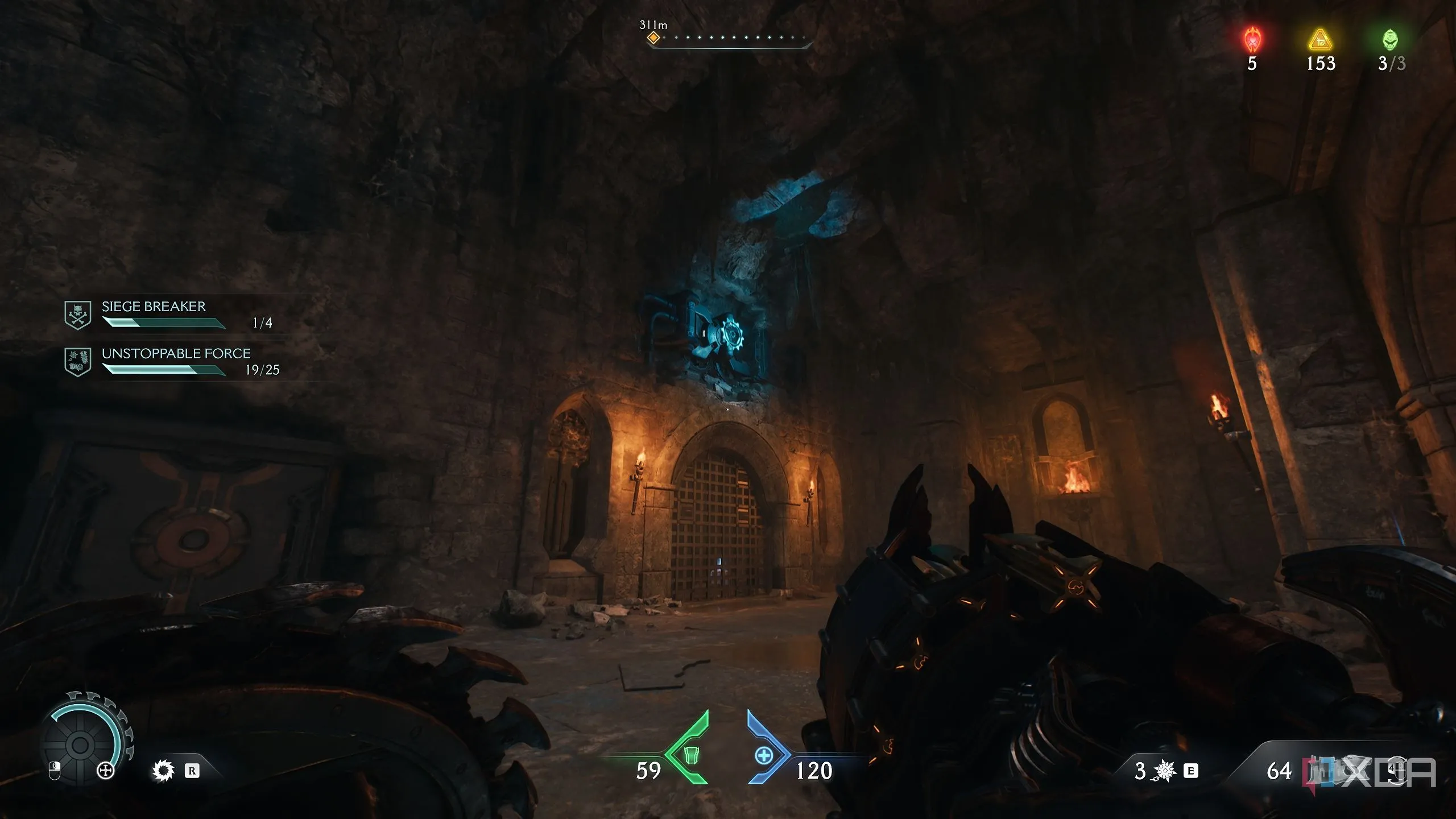 Nút năng lượng xanh trên mái nhà cần Shield Charge để mở cửa trong khu vực bí mật 3 Doom The Dark Ages