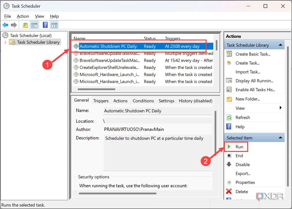 Nút Run để kiểm tra tác vụ hẹn giờ tắt máy trong Task Scheduler