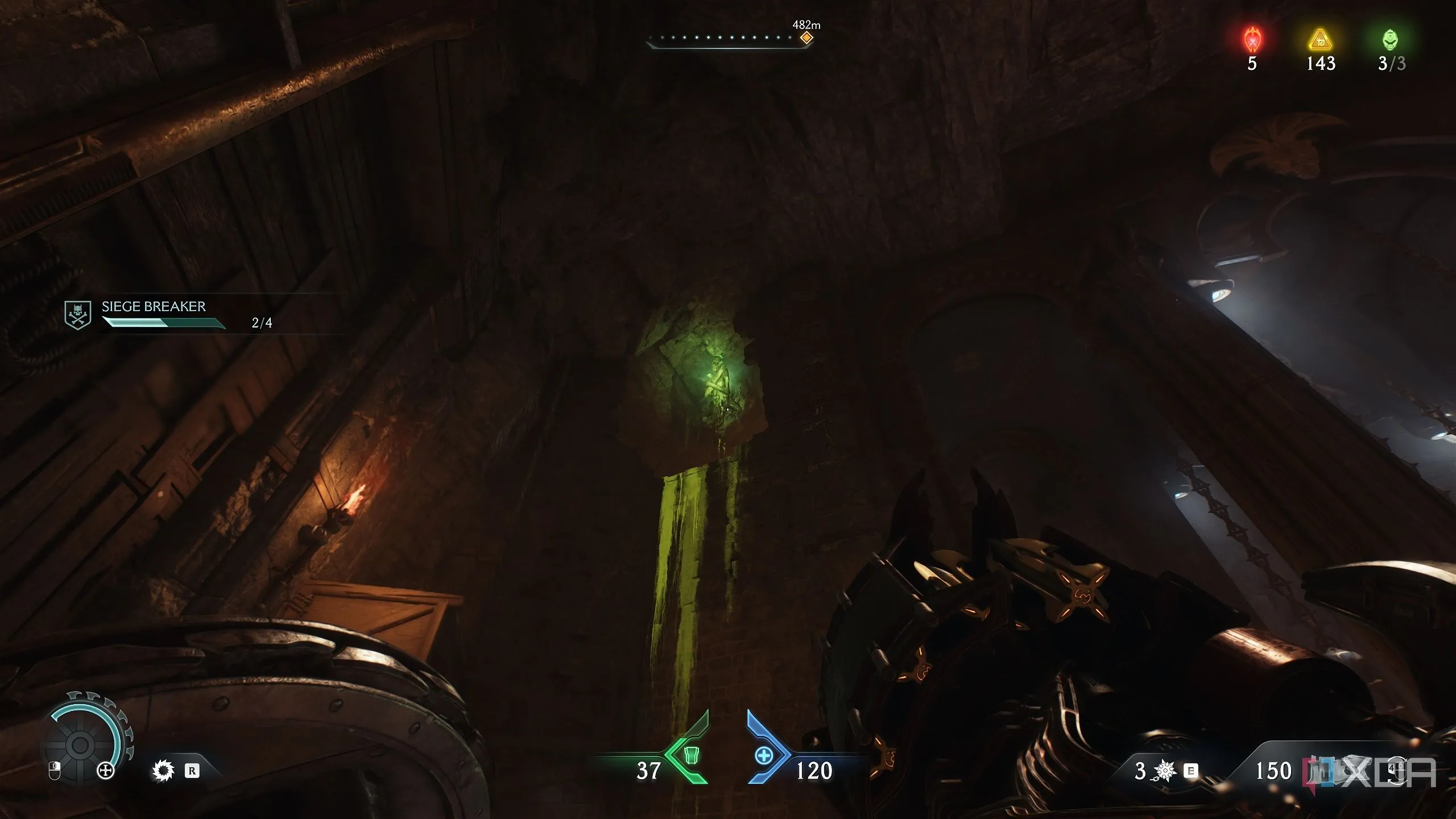 Nút thịt xanh trên trần nhà cần Shield Charge để leo lên trong khu vực bí mật 5 Doom The Dark Ages