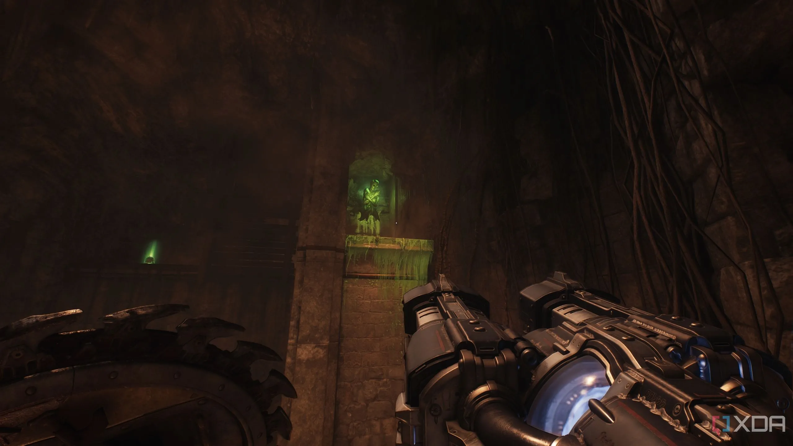 Nút thịt xanh trên trần nhà giúp Doom Slayer leo lên để tiếp tục giải đố cổng Gore 5 Doom The Dark Ages