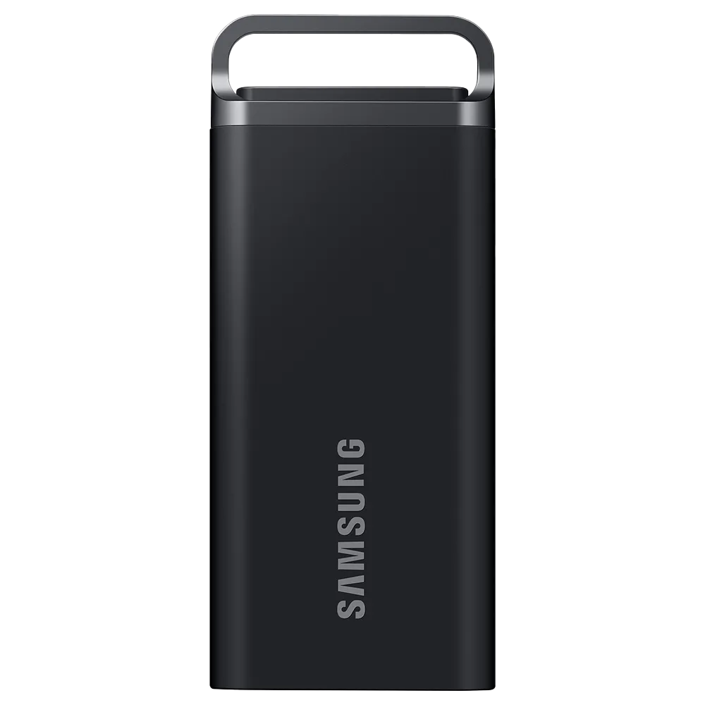 Ổ cứng di động Samsung T5 Evo 4TB màu đen với thiết kế nhỏ gọn và bền bỉ, hiển thị cổng kết nối USB-C.