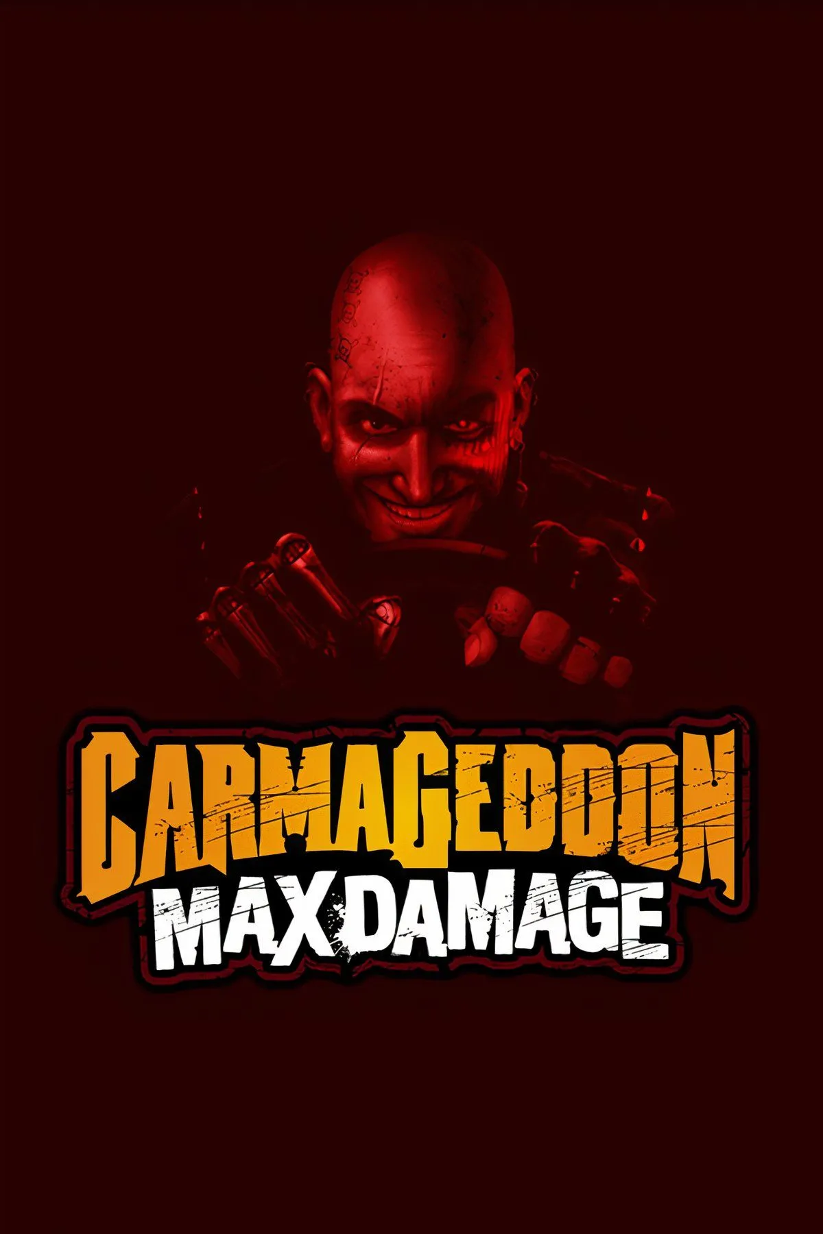 Ô tô chiến đấu màu đỏ trong game Carmageddon Max Damage giữa cảnh vật hỗn loạn và vụ nổ