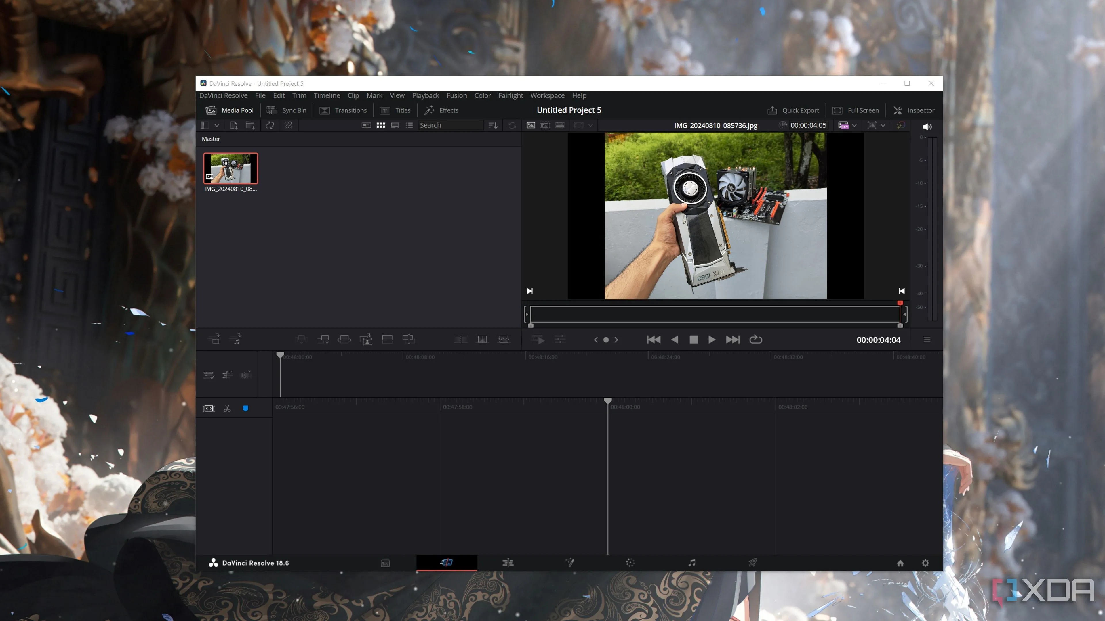 Phần mềm DaVinci Resolve đang chạy trên máy tính cá nhân, thể hiện khả năng xử lý hậu kỳ video và âm thanh toàn diện.
