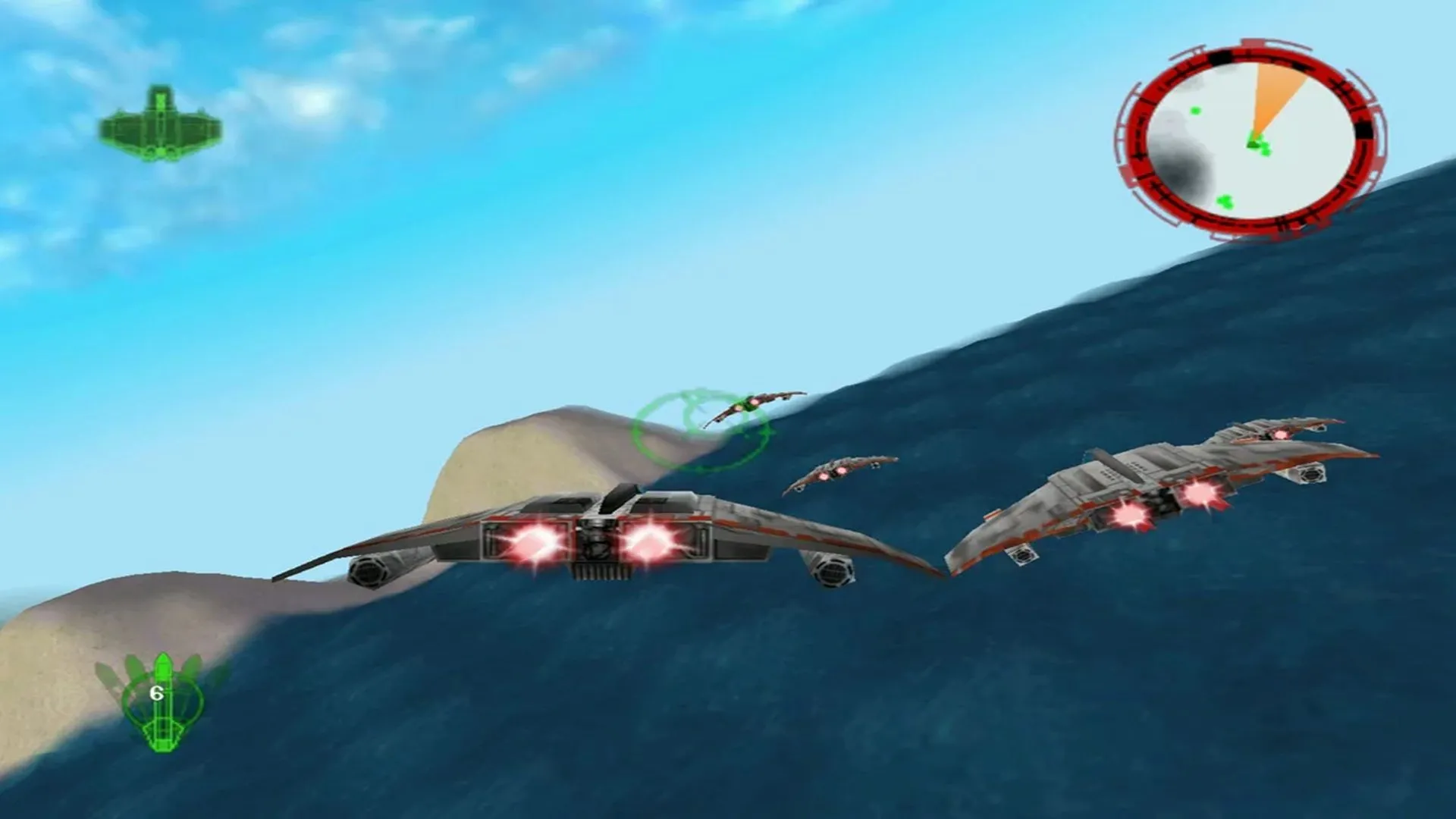 Phi thuyền V-Wing cùng các đồng minh trong tựa game Star Wars: Rogue Squadron (N64)