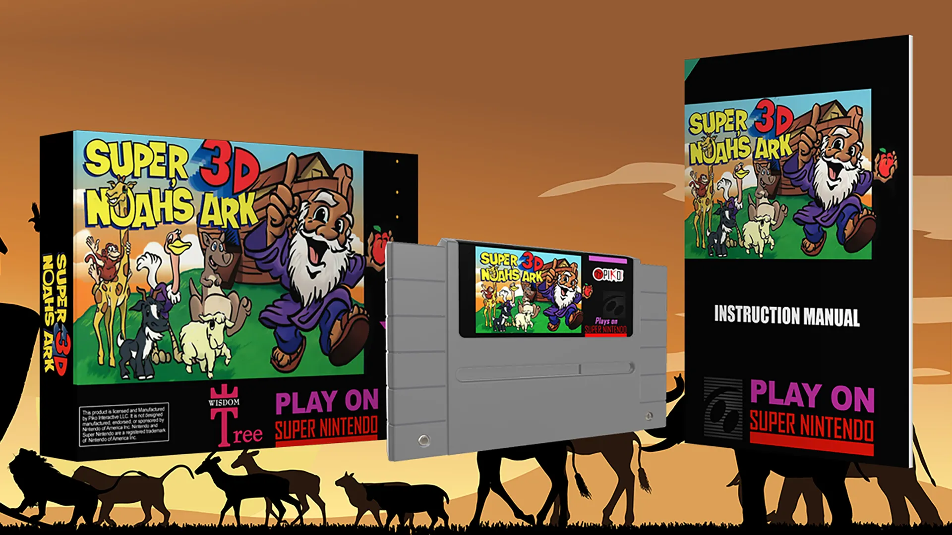 Phiên bản tái bản năm 2014 của game Super Noah's Ark 3D do Piko Interactive phát hành, cho thấy hộp và băng game mới