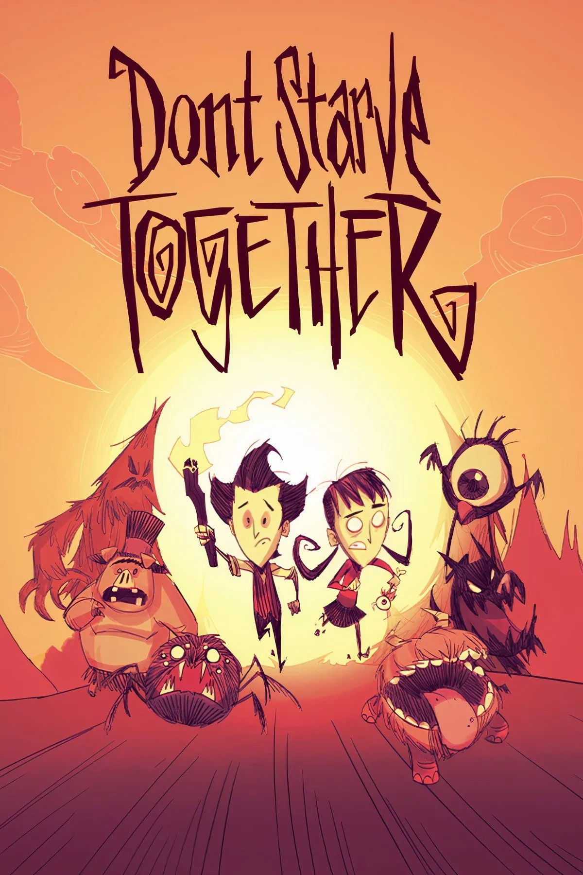 Phong cách nghệ thuật rùng rợn của Don't Starve Together, mô tả các nhân vật đang sinh tồn trong thế giới hoang dã.
