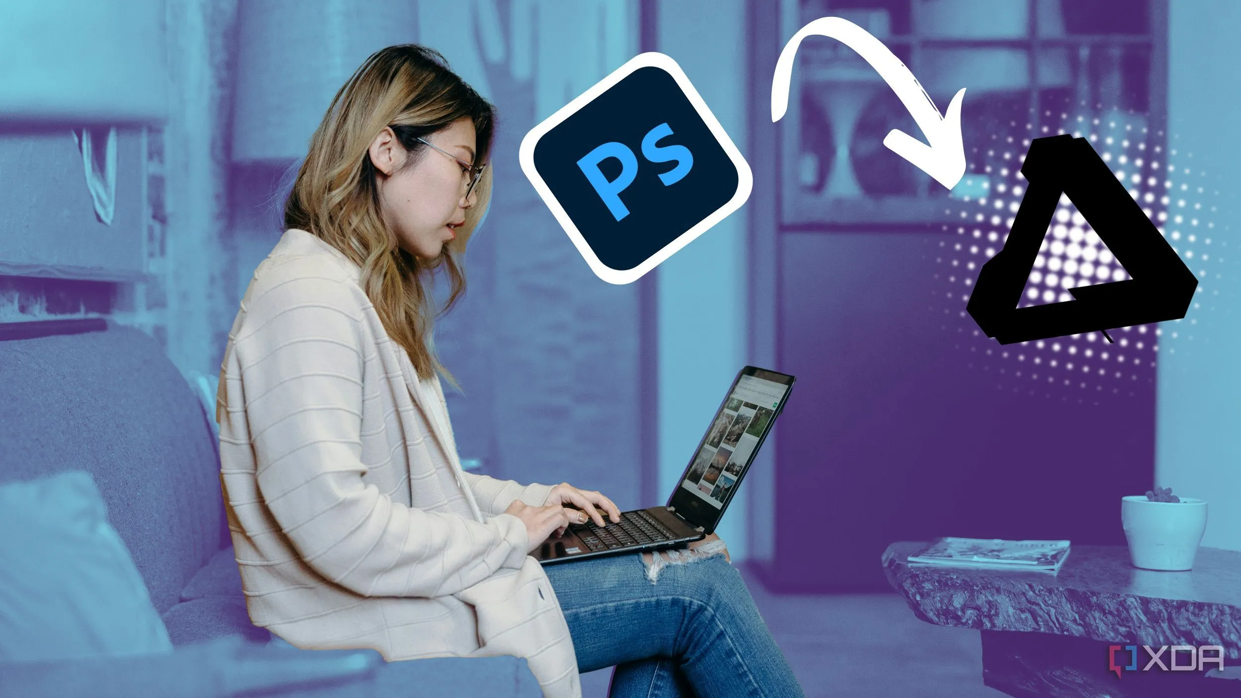 Phụ nữ dùng laptop với phần mềm sáng tạo, logo Photoshop và Affinity, biểu tượng chuyển đổi từ Photoshop sang Affinity Photo