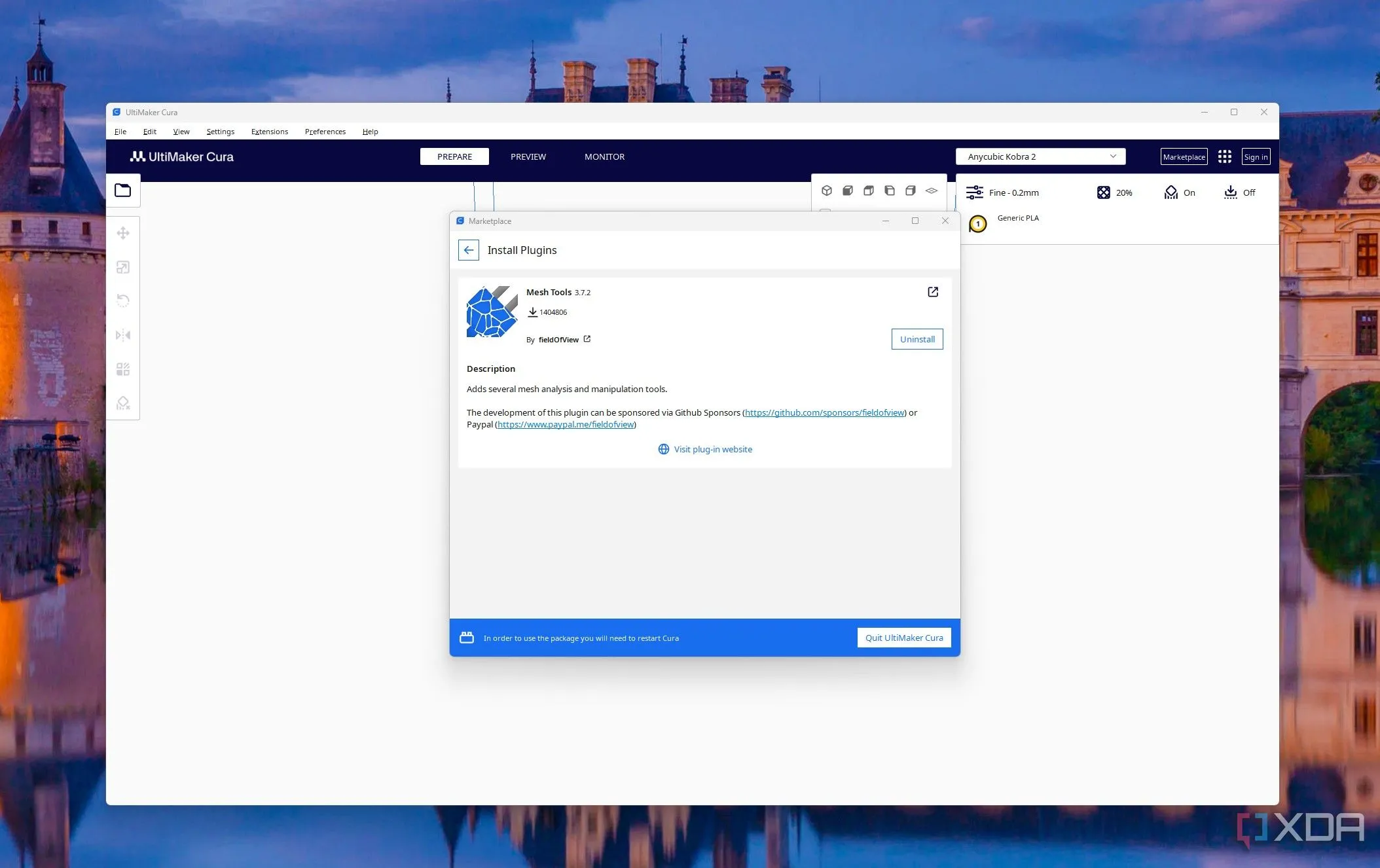 Plugin Mesh Tools trong phần mềm Cura đang hiển thị tùy chọn kiểm tra lỗi mô hình 3D, giúp người dùng phân tích và khắc phục các vấn đề về lưới