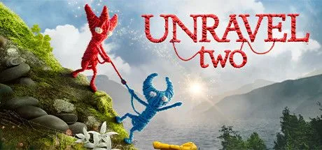 Poster game Unravel Two với hai nhân vật sợi len đỏ và xanh